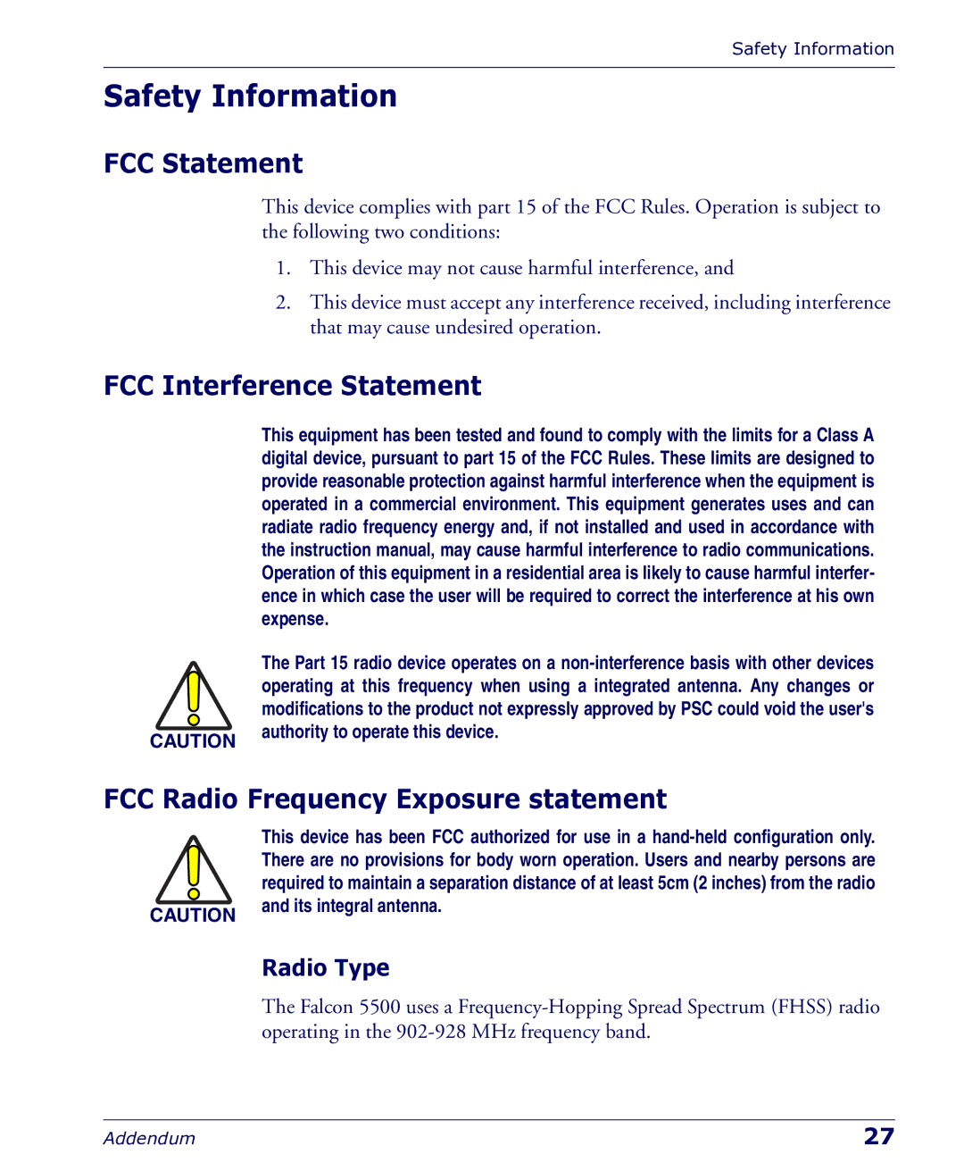 Datalogic Scanning 5500 manual Safety Information, FCC Statement, FCC Interference Statement, Radio Type 