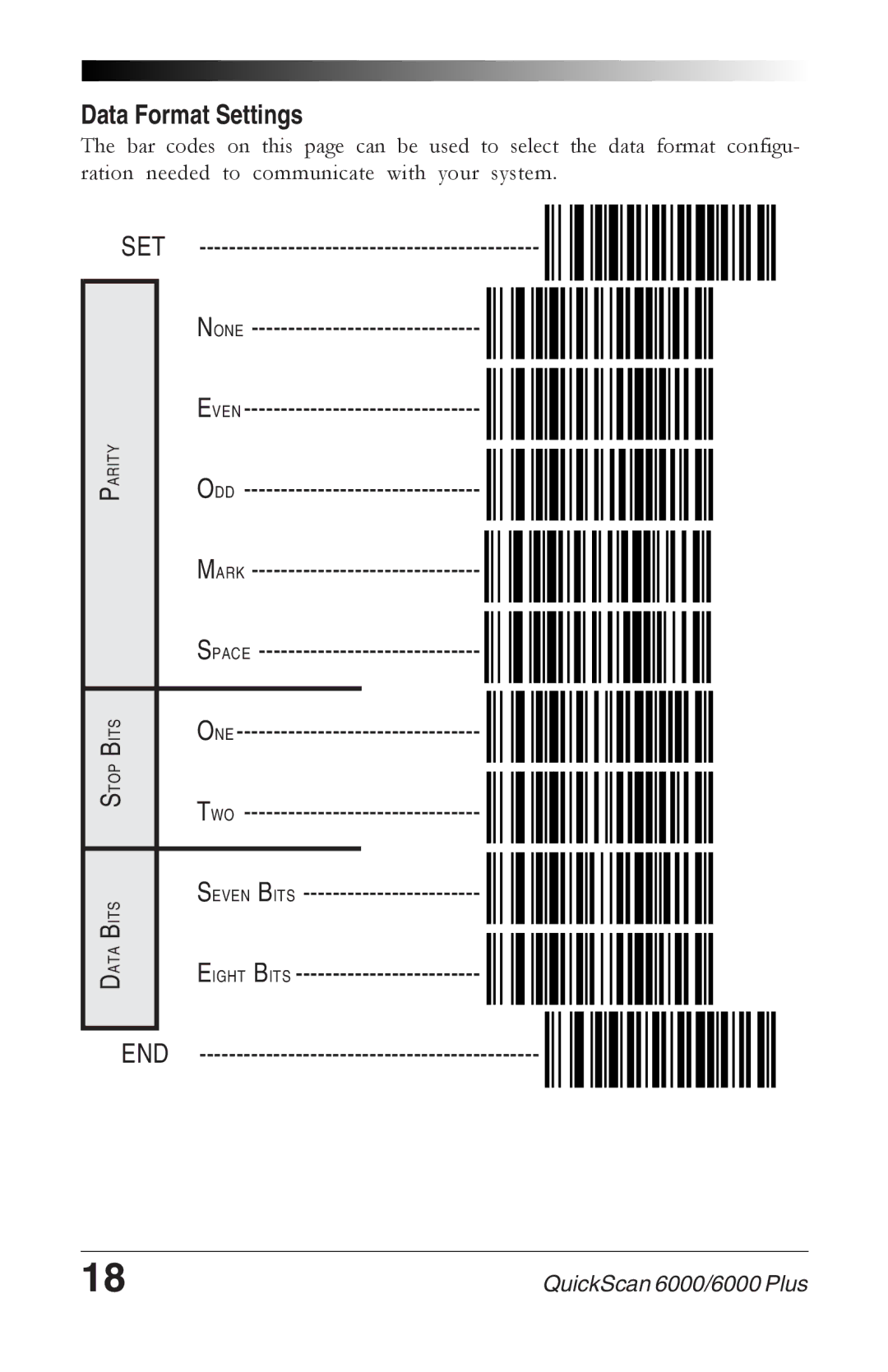 Datalogic Scanning 6000 PLUS manual Data Format Settings, None Even ODD Mark Space ONE TWO Seven Bits Eight Bits END 