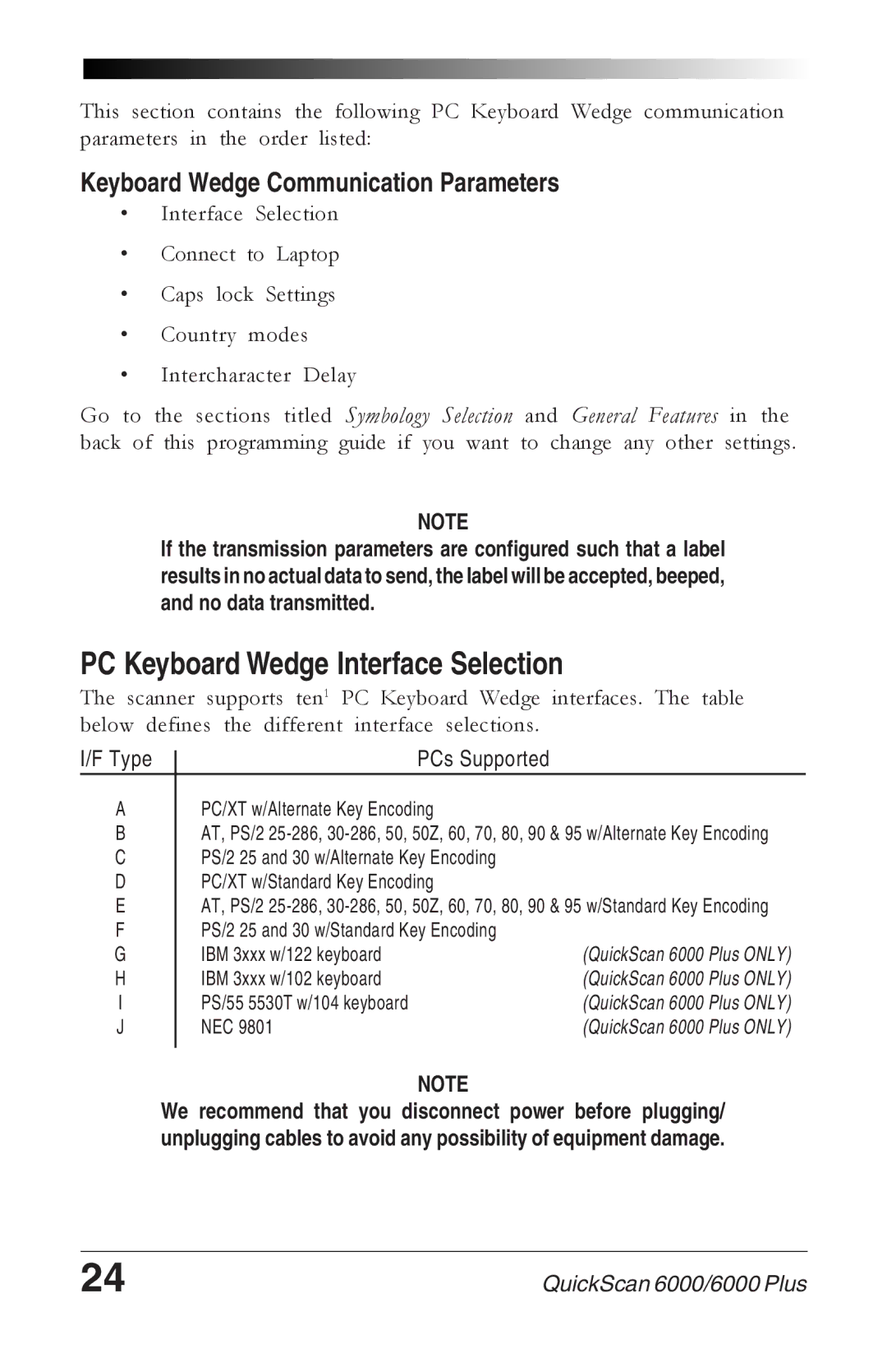 Datalogic Scanning 6000 PLUS manual PC Keyboard Wedge Interface Selection, Keyboard Wedge Communication Parameters 