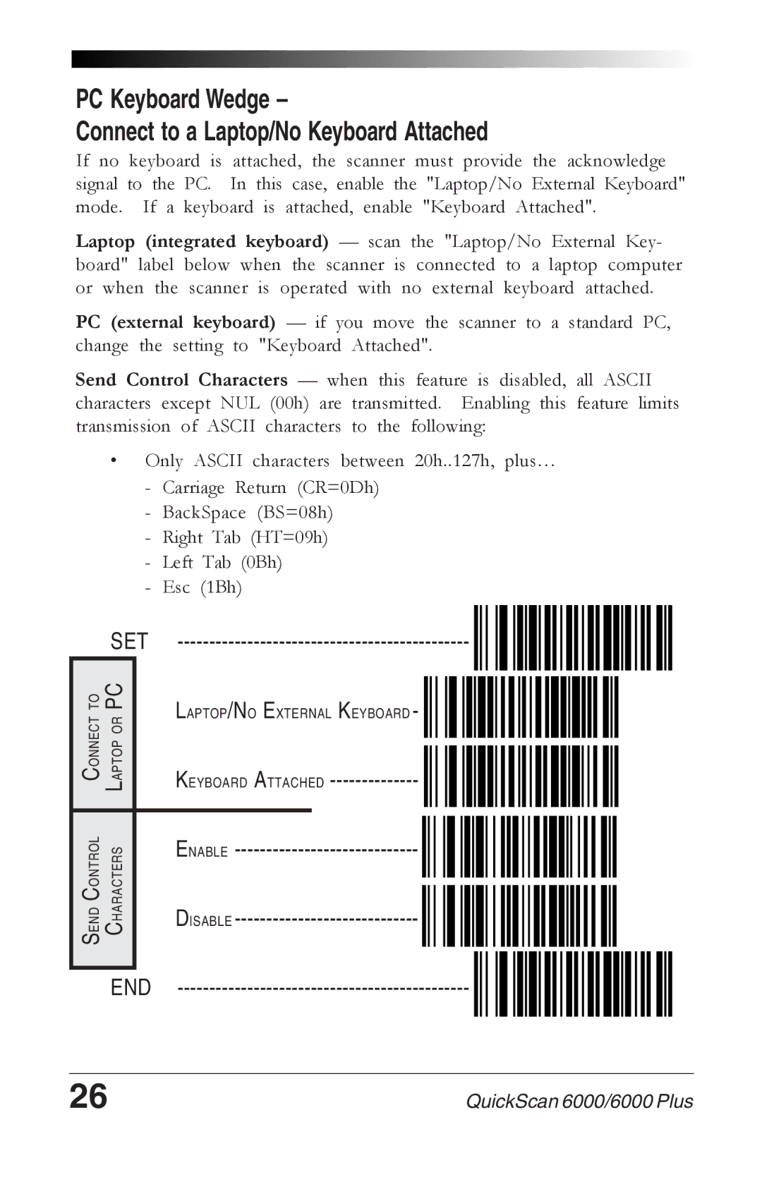 Datalogic Scanning 6000 PC Keyboard Wedge Connect to a Laptop/No Keyboard Attached, Keyboard Attached Enable Disable END 