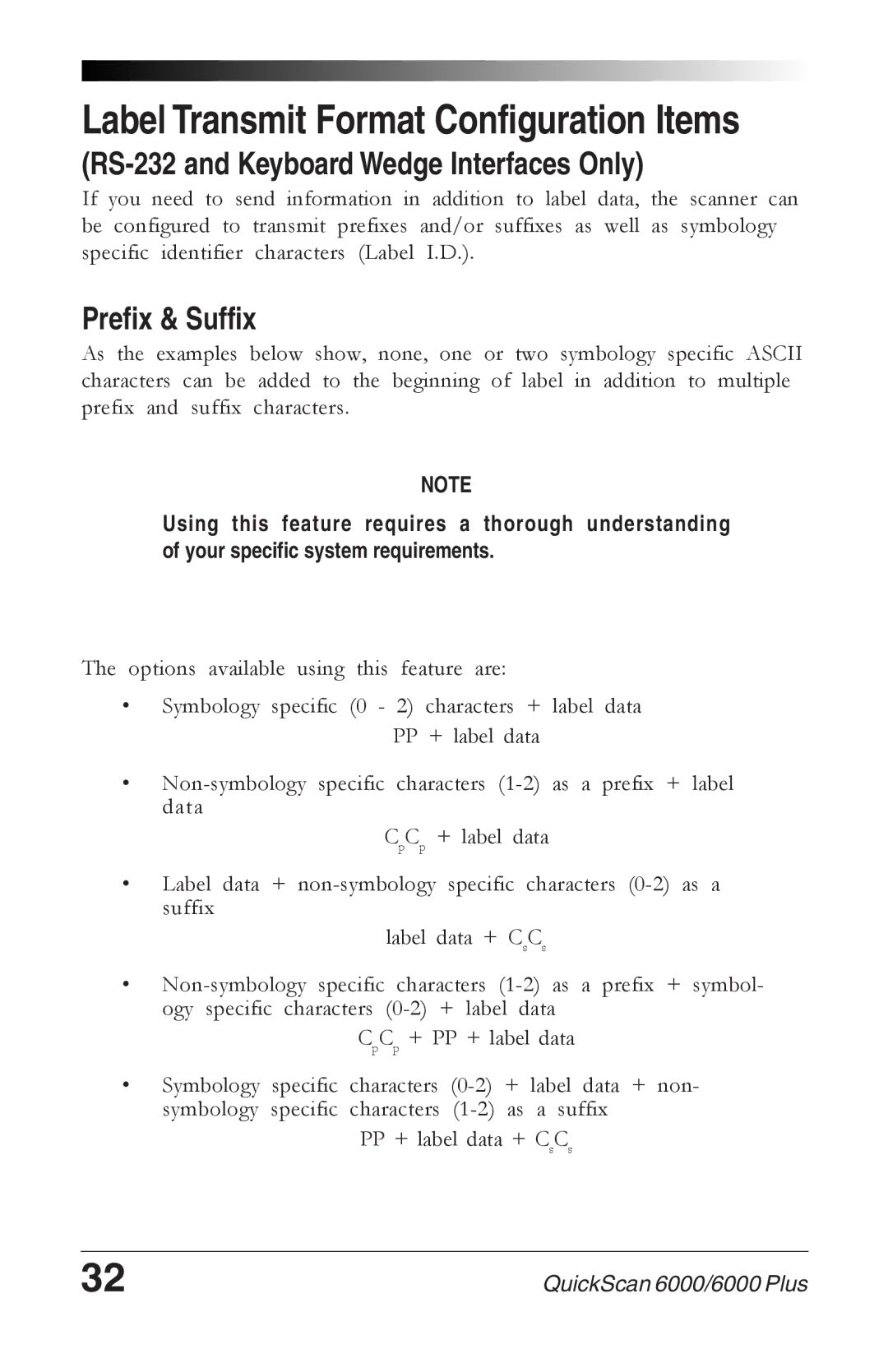 Datalogic Scanning 6000 PLUS manual RS-232 and Keyboard Wedge Interfaces Only, Prefix & Suffix 