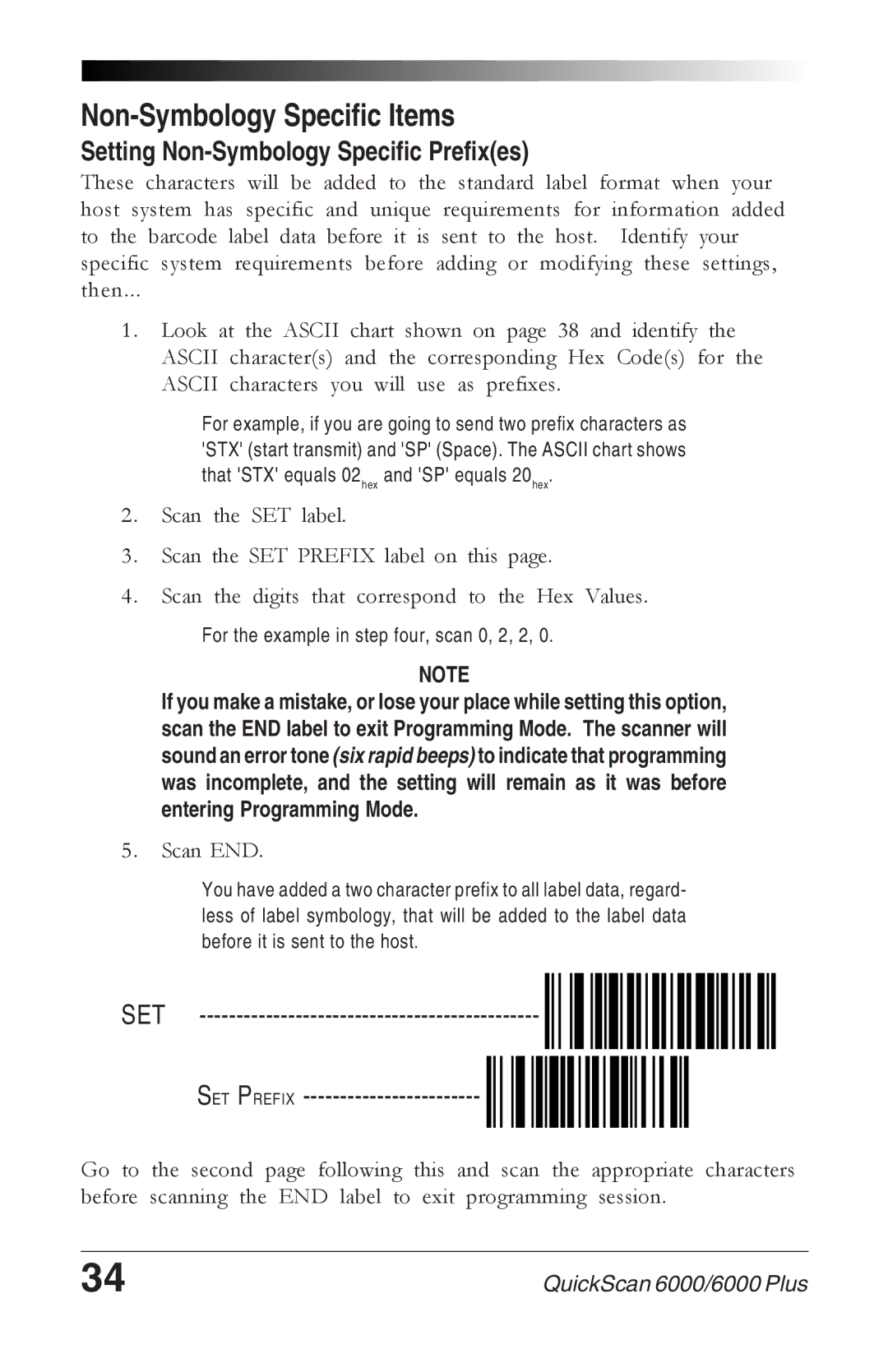 Datalogic Scanning 6000 PLUS Non-Symbology Specific Items, Setting Non-Symbology Specific Prefixes, SET SET Prefix 