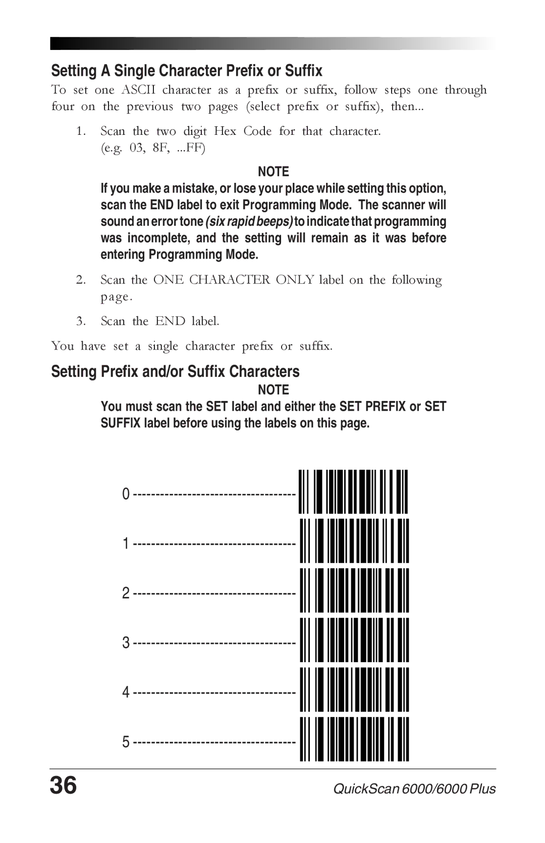 Datalogic Scanning 6000 PLUS manual Setting a Single Character Prefix or Suffix, Setting Prefix and/or Suffix Characters 