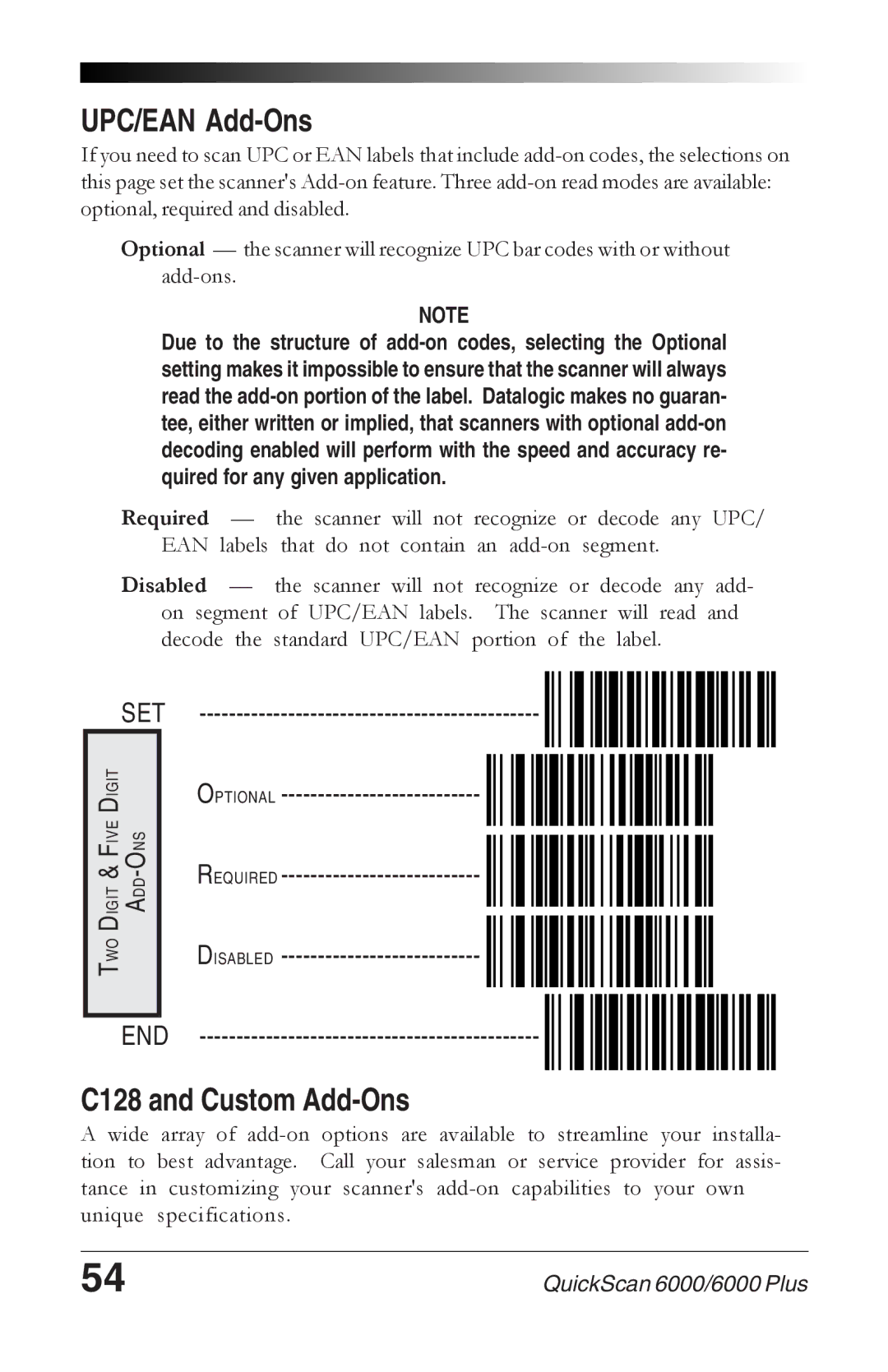 Datalogic Scanning 6000 PLUS manual UPC/EAN Add-Ons, C128 and Custom Add-Ons, Optional Required Disabled END 