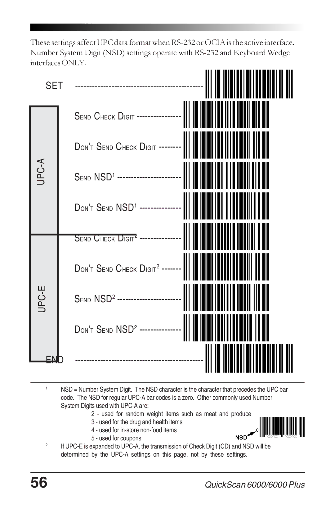 Datalogic Scanning 6000 manual Send Check Digit, Send NSD1 Dont Send NSD1 Send Check DIGIT2, Send NSD2 Dont Send NSD2 END 