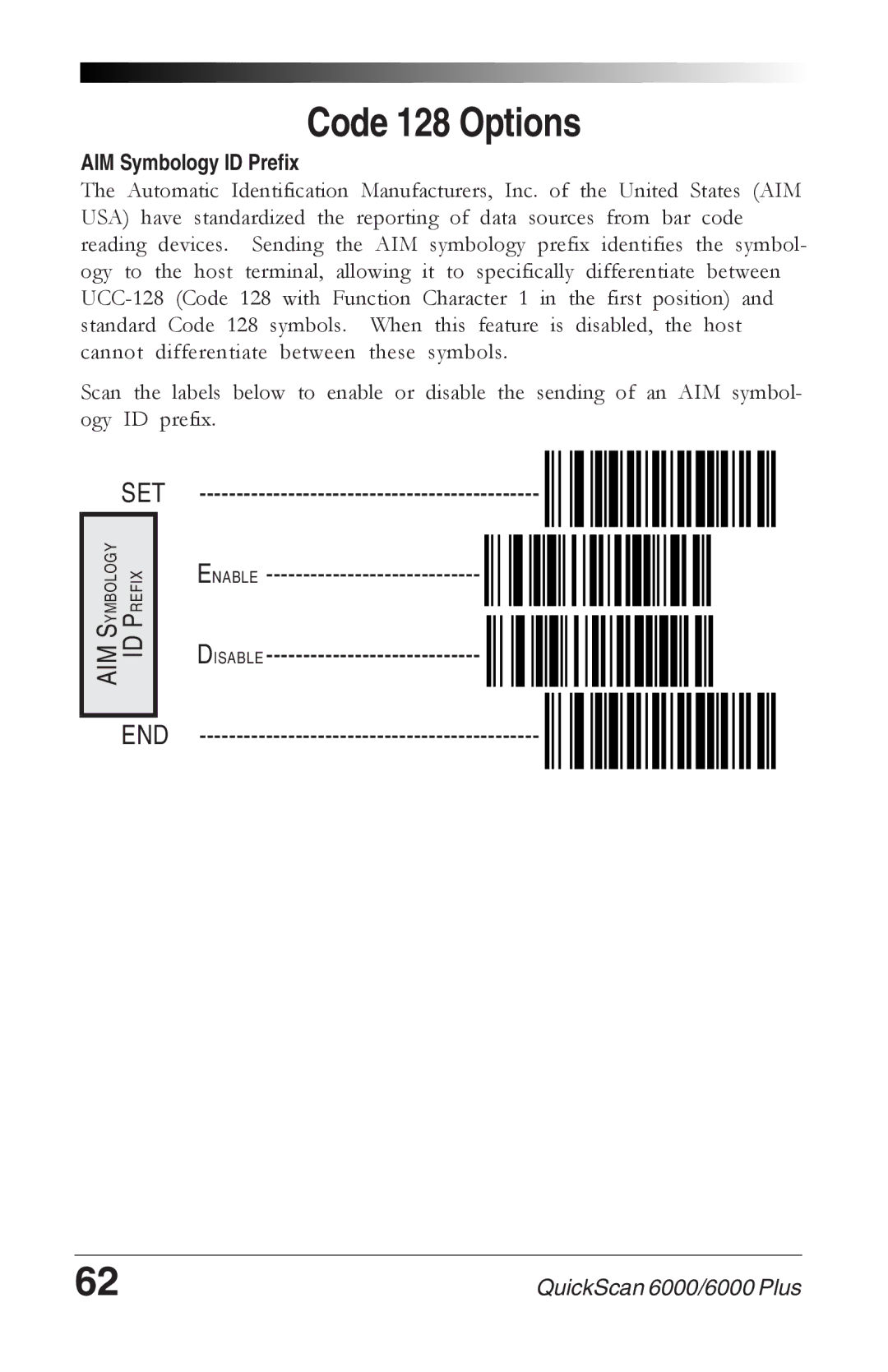 Datalogic Scanning 6000 PLUS manual Code 128 Options, AIM Symbology ID Prefix 