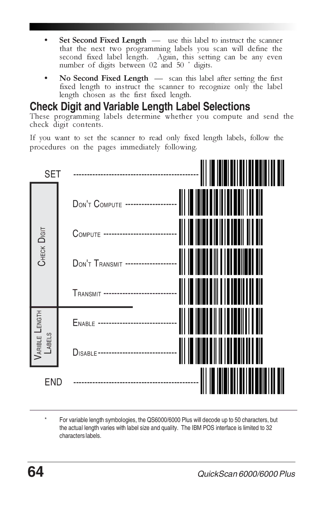 Datalogic Scanning 6000 Check Digit and Variable Length Label Selections, Dont Compute Dont Transmit Enable Disable END 