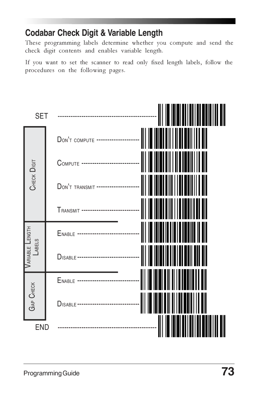 Datalogic Scanning 6000 PLUS manual Codabar Check Digit & Variable Length, Dont Compute Dont Transmit Enable Disable END 