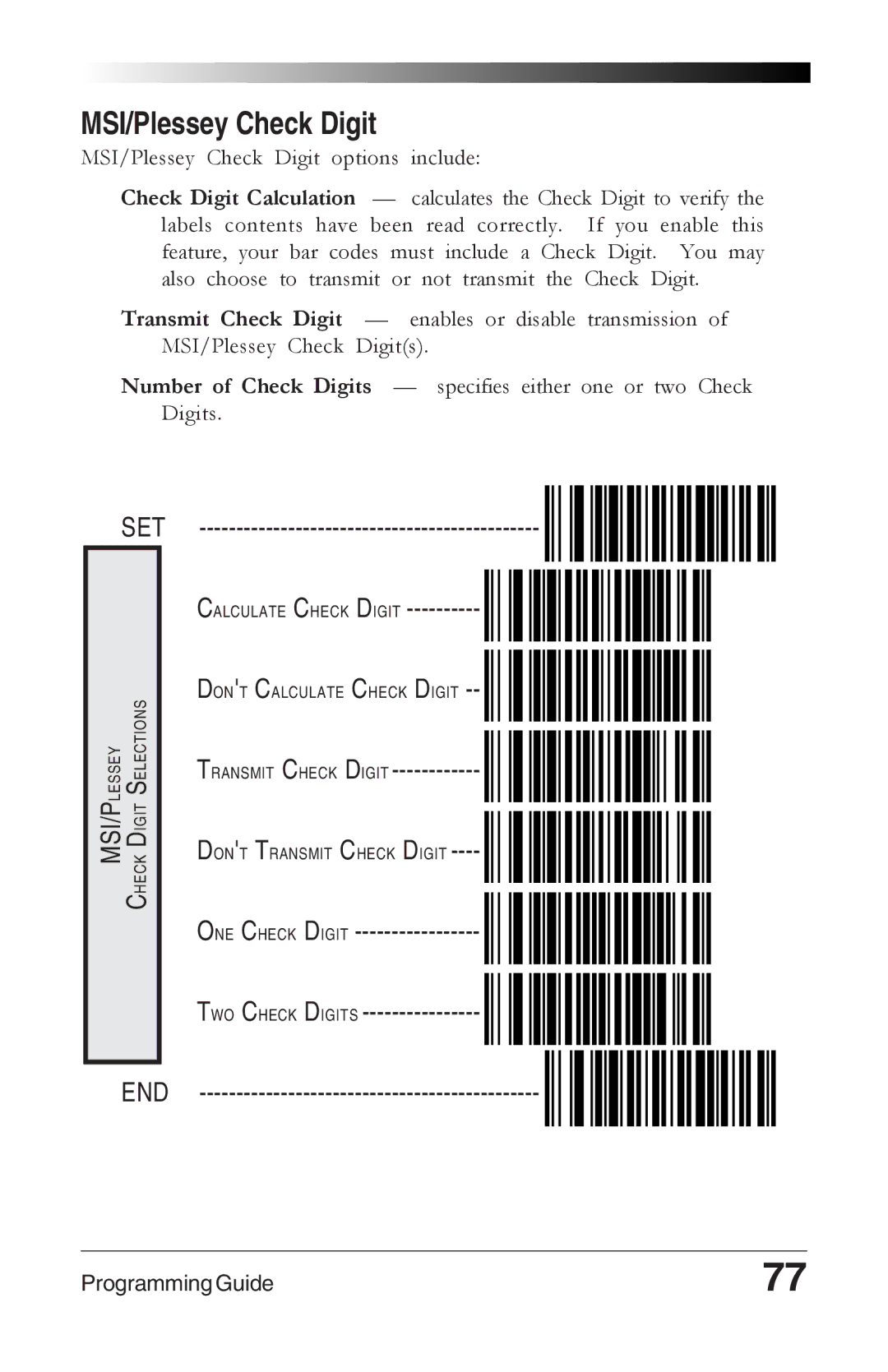 Datalogic Scanning 6000 PLUS manual MSI/Plessey Check Digit, ONE Check Digit TWO Check Digits END 