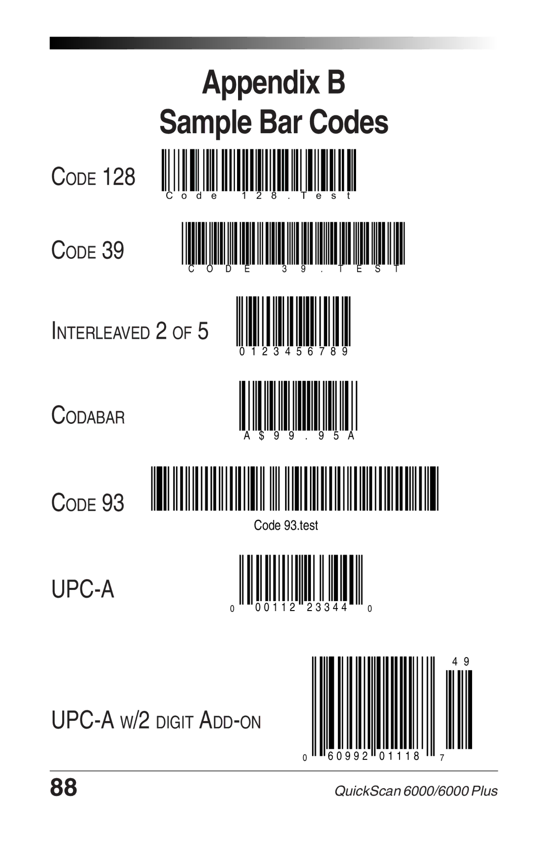 Datalogic Scanning 6000 PLUS manual Appendix B Sample Bar Codes 