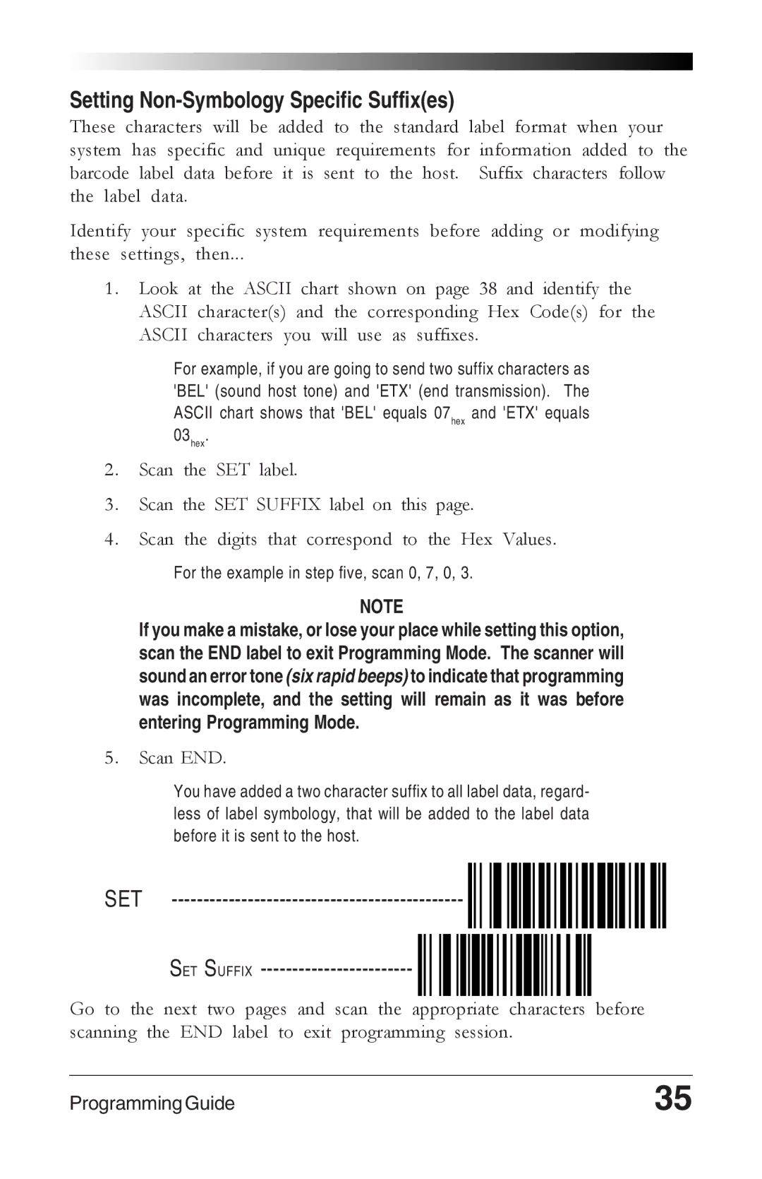 Datalogic Scanning 6000 manual Setting Non-Symbology Specific Suffixes, SET SET Suffix, Entering Programming Mode 