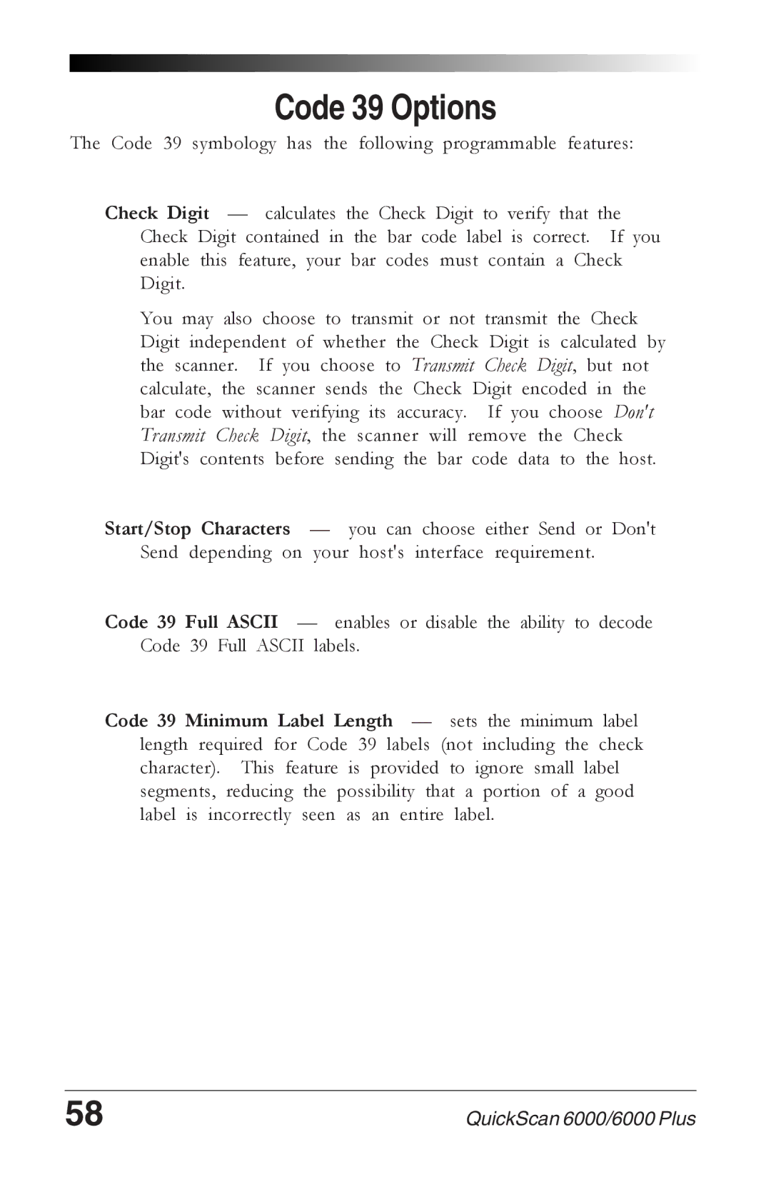 Datalogic Scanning 6000 manual Code 39 Options 
