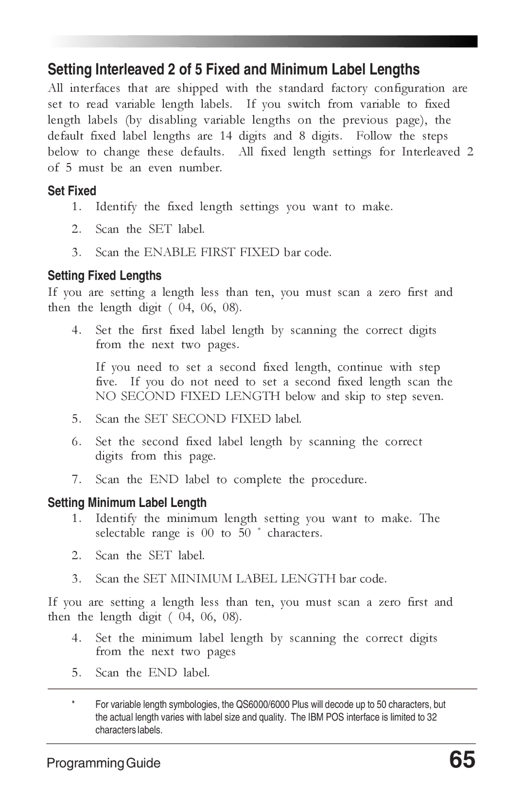 Datalogic Scanning 6000 manual Setting Interleaved 2 of 5 Fixed and Minimum Label Lengths, Set Fixed, Setting Fixed Lengths 