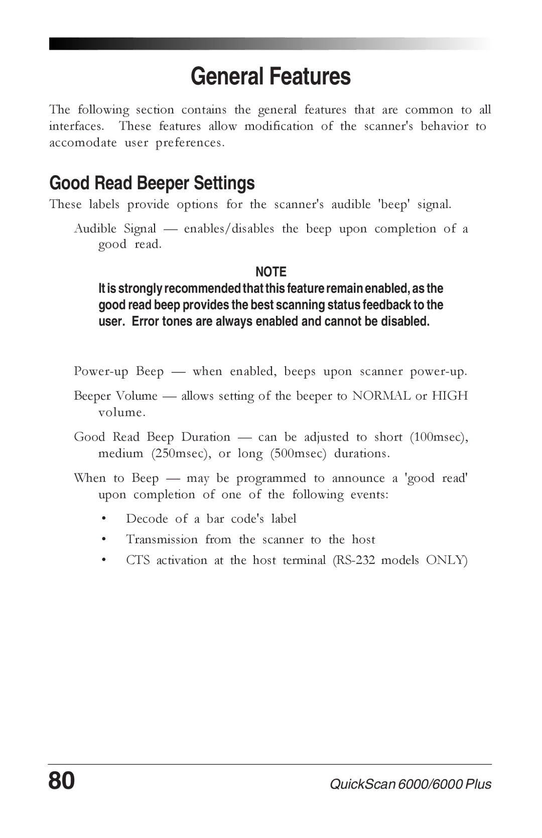 Datalogic Scanning 6000 manual General Features, Good Read Beeper Settings 