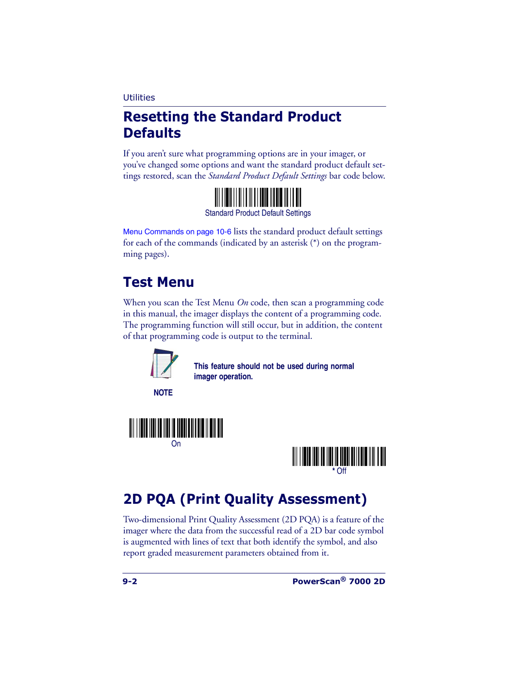 Datalogic Scanning 7000 manual Test Menu, 2D PQA Print Quality Assessment 