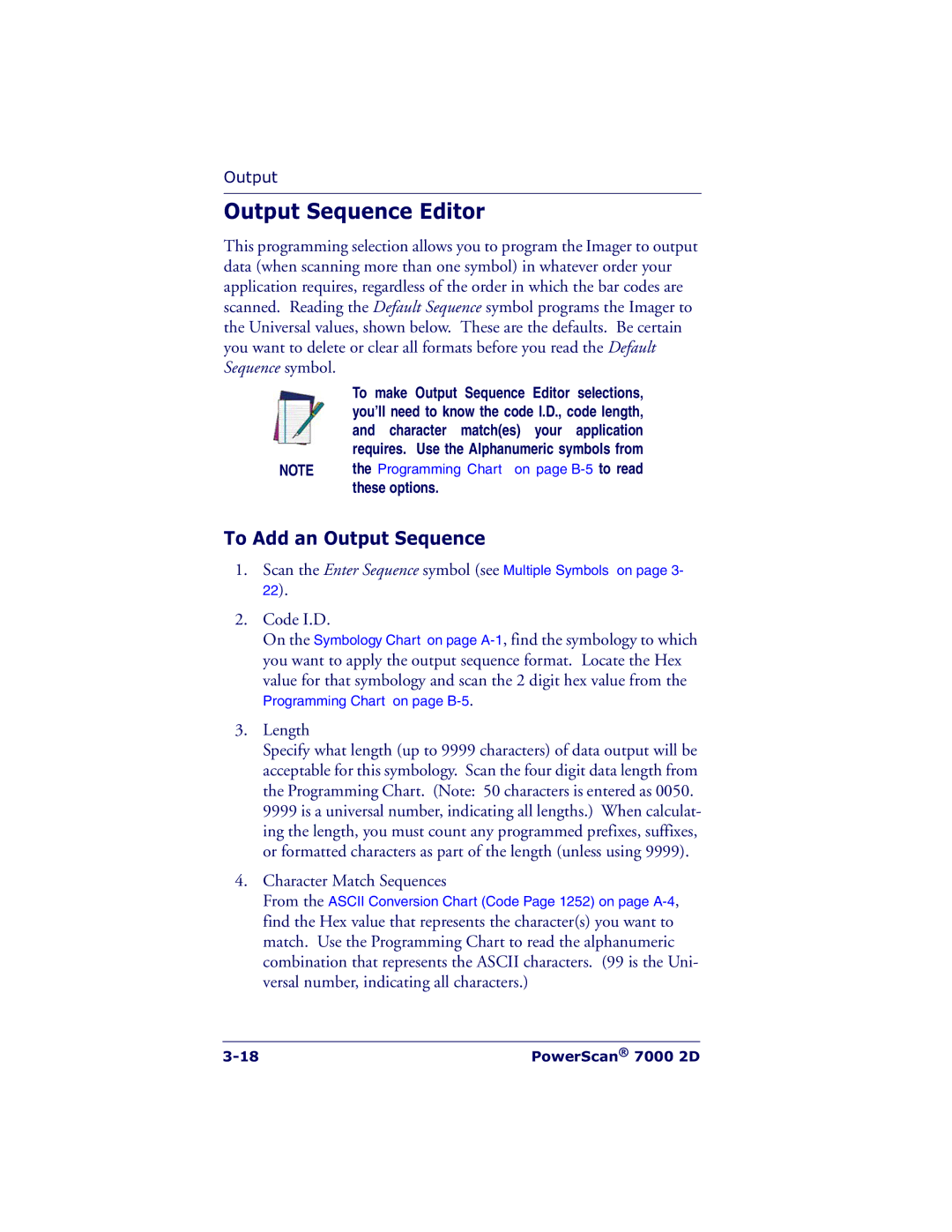 Datalogic Scanning 7000 manual Output Sequence Editor, To Add an Output Sequence, These options 