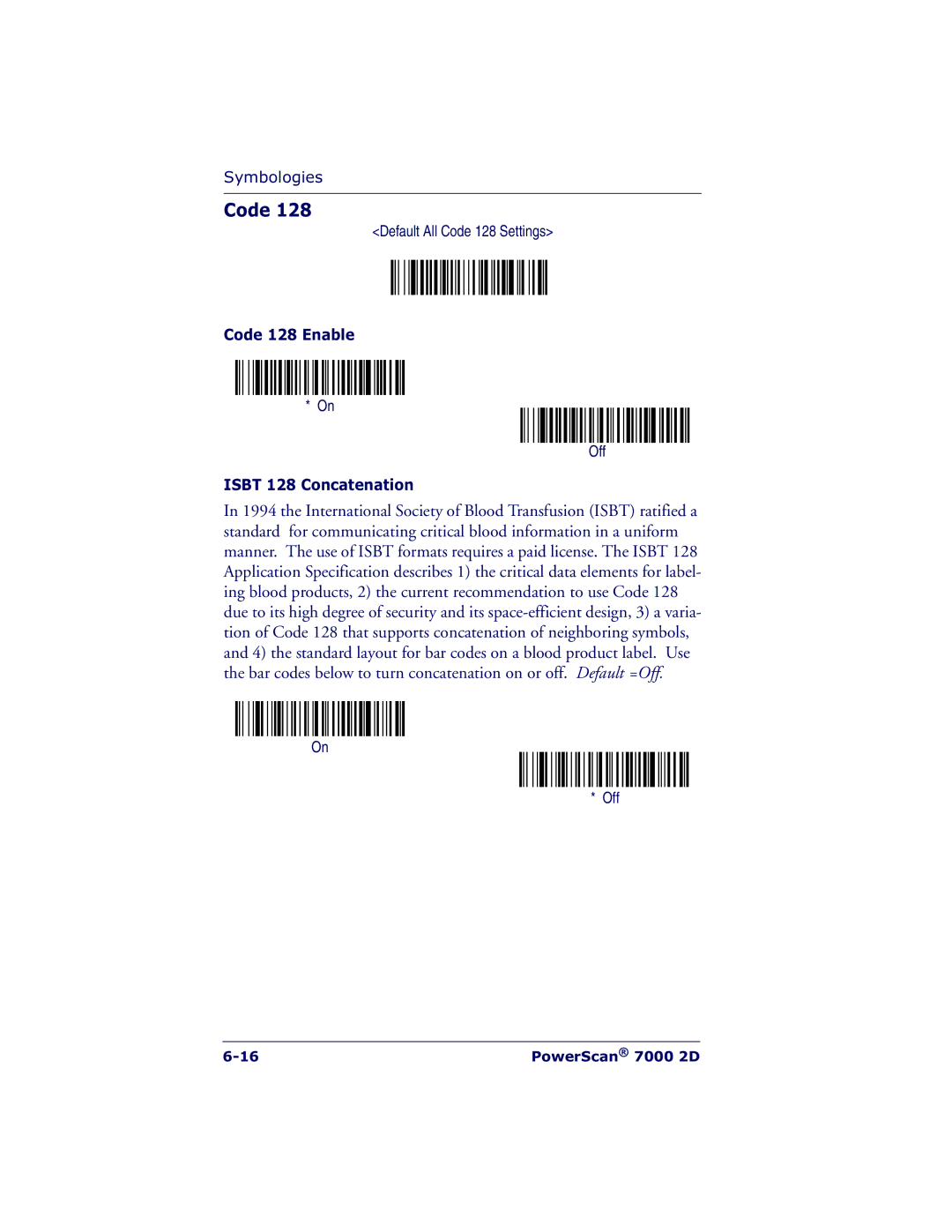 Datalogic Scanning 7000 manual Default All Code 128 Settings, Code 128 Enable, Isbt 128 Concatenation 