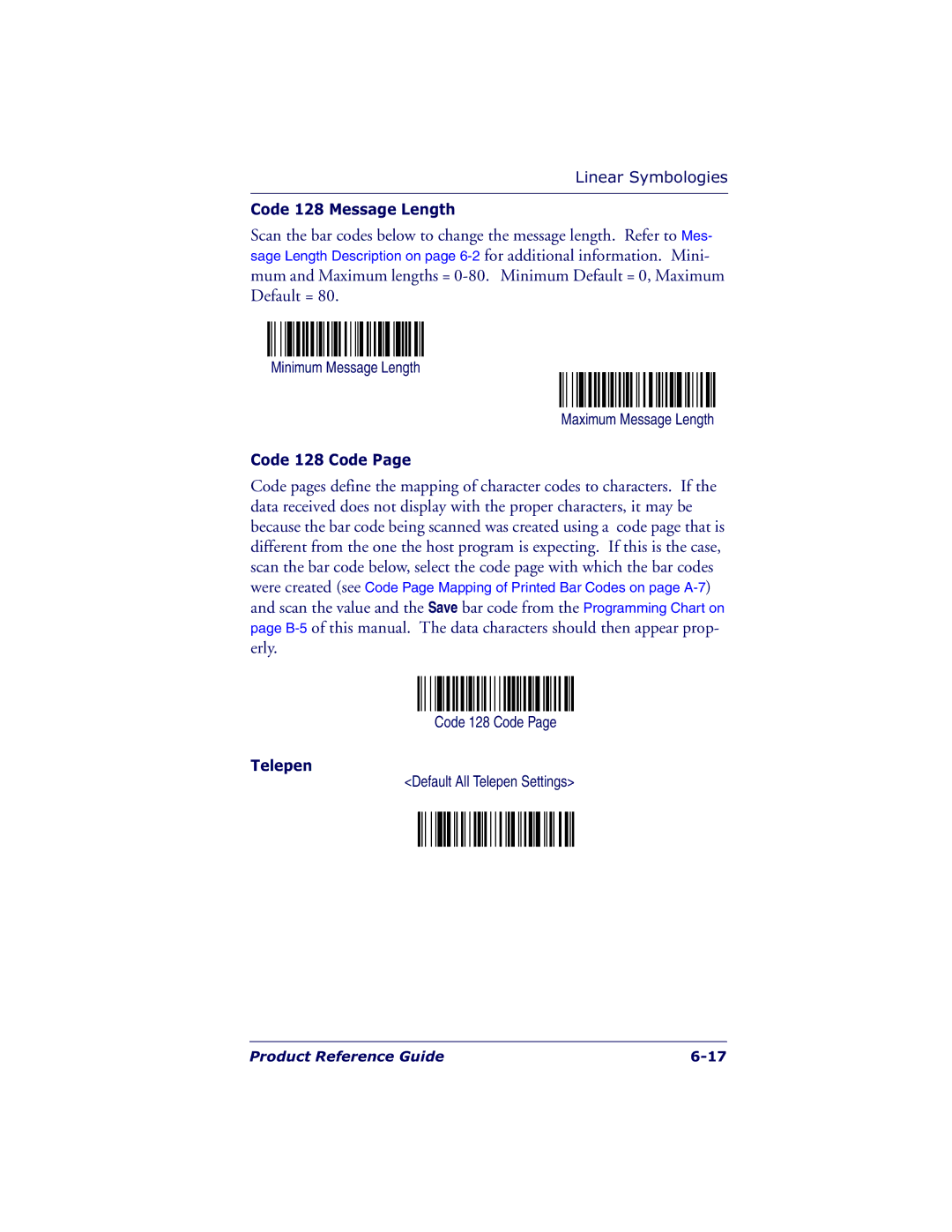 Datalogic Scanning 7000 manual Code 128 Message Length, Code 128 Code, Default All Telepen Settings 