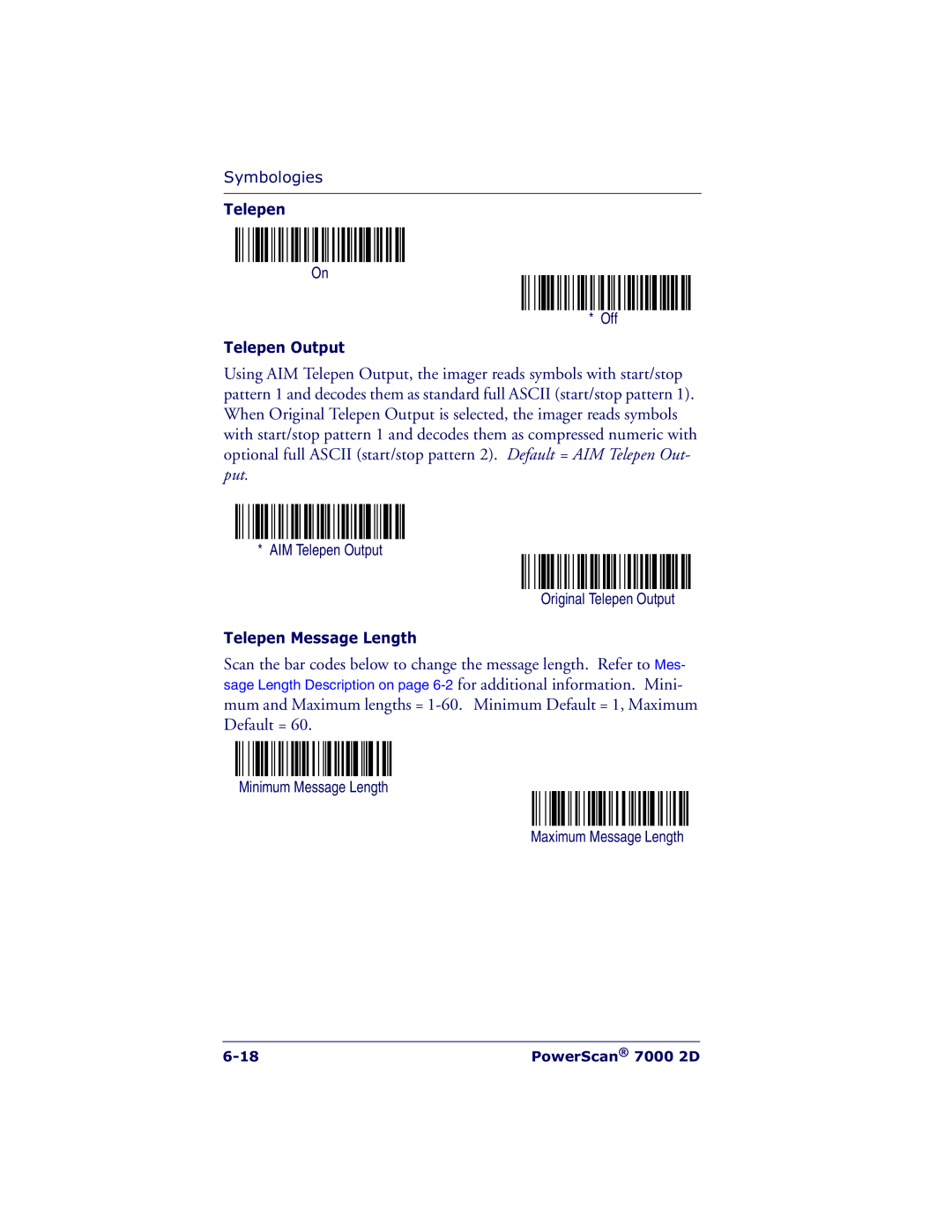 Datalogic Scanning 7000 manual AIM Telepen Output Original Telepen Output, Telepen Message Length 