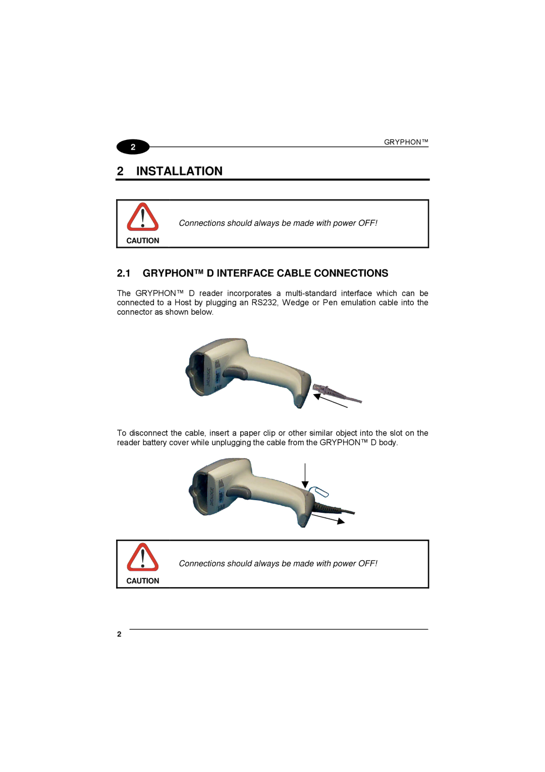 Datalogic Scanning 90ACC1780 manual Installation, Gryphon D Interface Cable Connections 