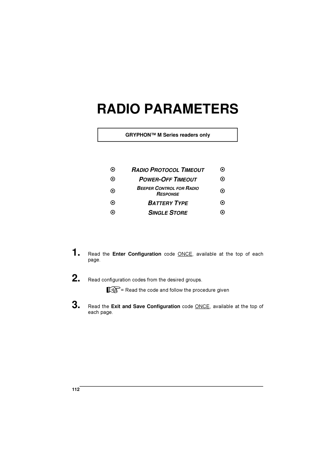 Datalogic Scanning 90ACC1780 manual Gryphon M Series readers only, Radio Protocol Timeout POWER-OFF Timeout, 112 