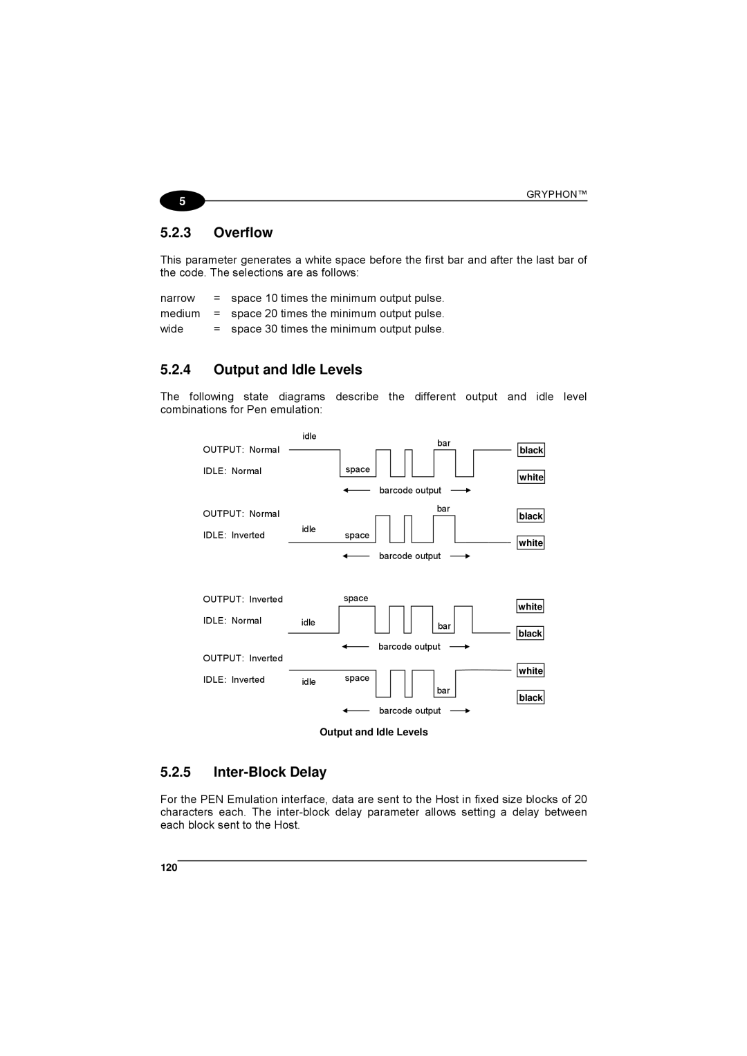 Datalogic Scanning 90ACC1780 manual Overflow, Output and Idle Levels, Inter-Block Delay, 120 