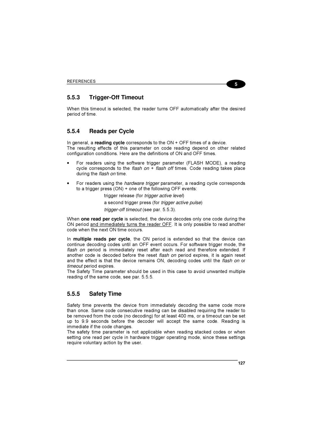 Datalogic Scanning 90ACC1780 manual Trigger-Off Timeout, Reads per Cycle, Safety Time, 127 