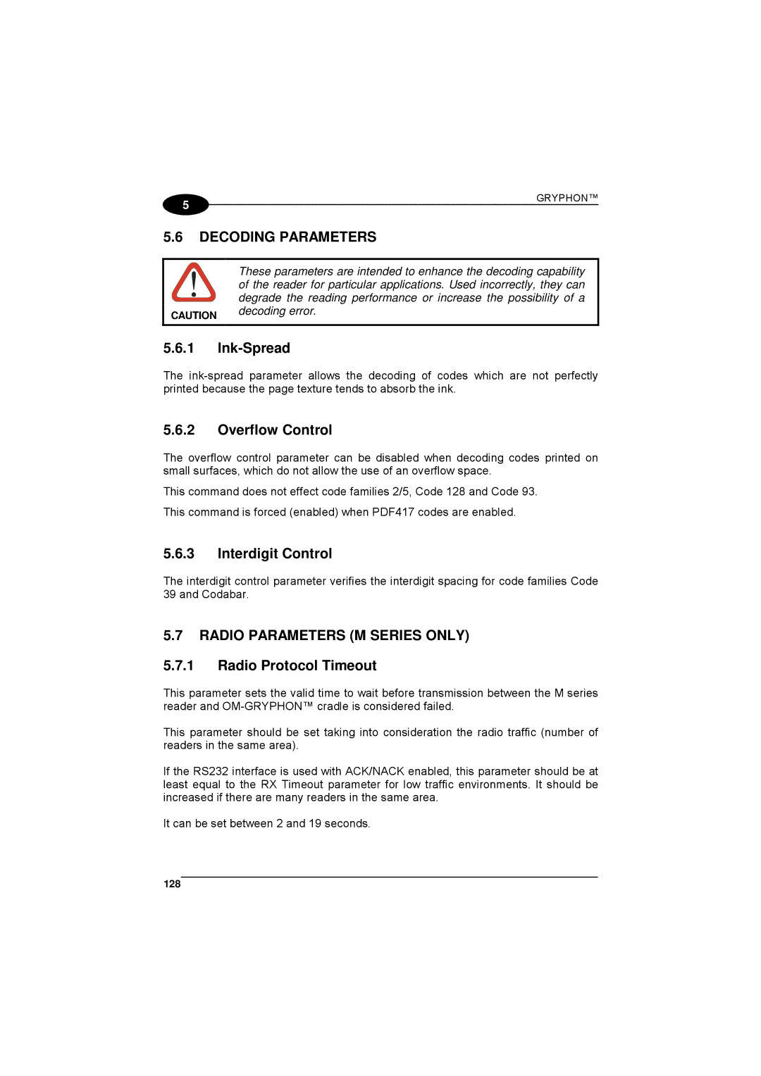 Datalogic Scanning 90ACC1780 manual Ink-Spread, Overflow Control, Interdigit Control, Radio Parameters M Series only 