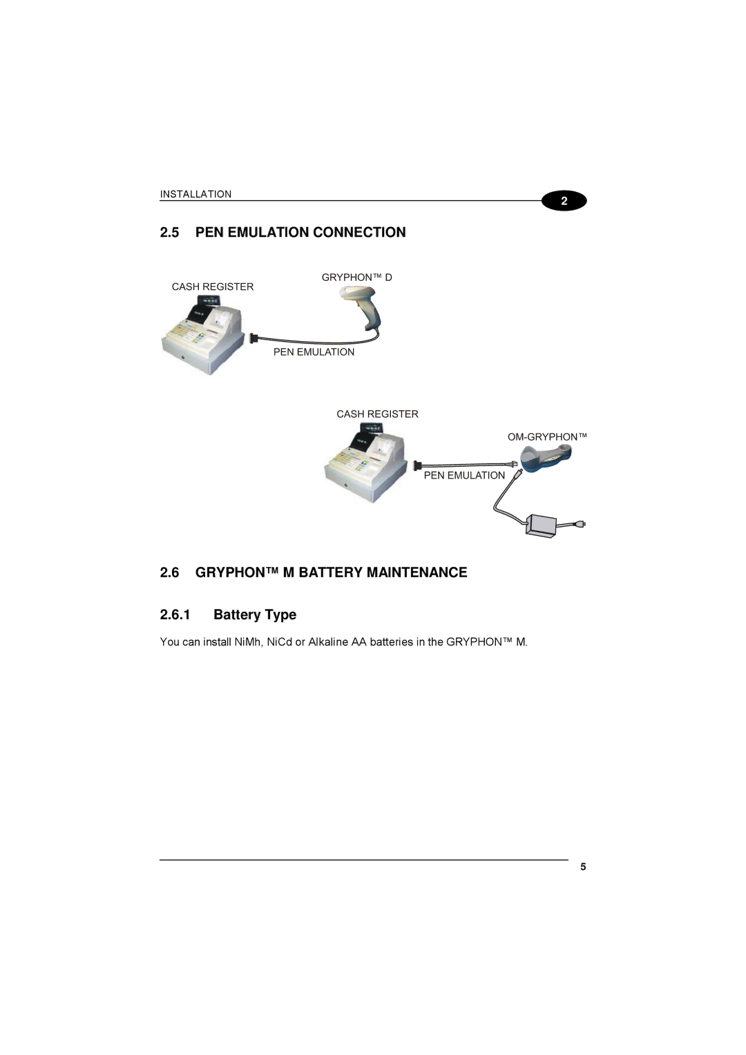 Datalogic Scanning 90ACC1780 manual PEN Emulation Connection Gryphon M Battery Maintenance, Battery Type 