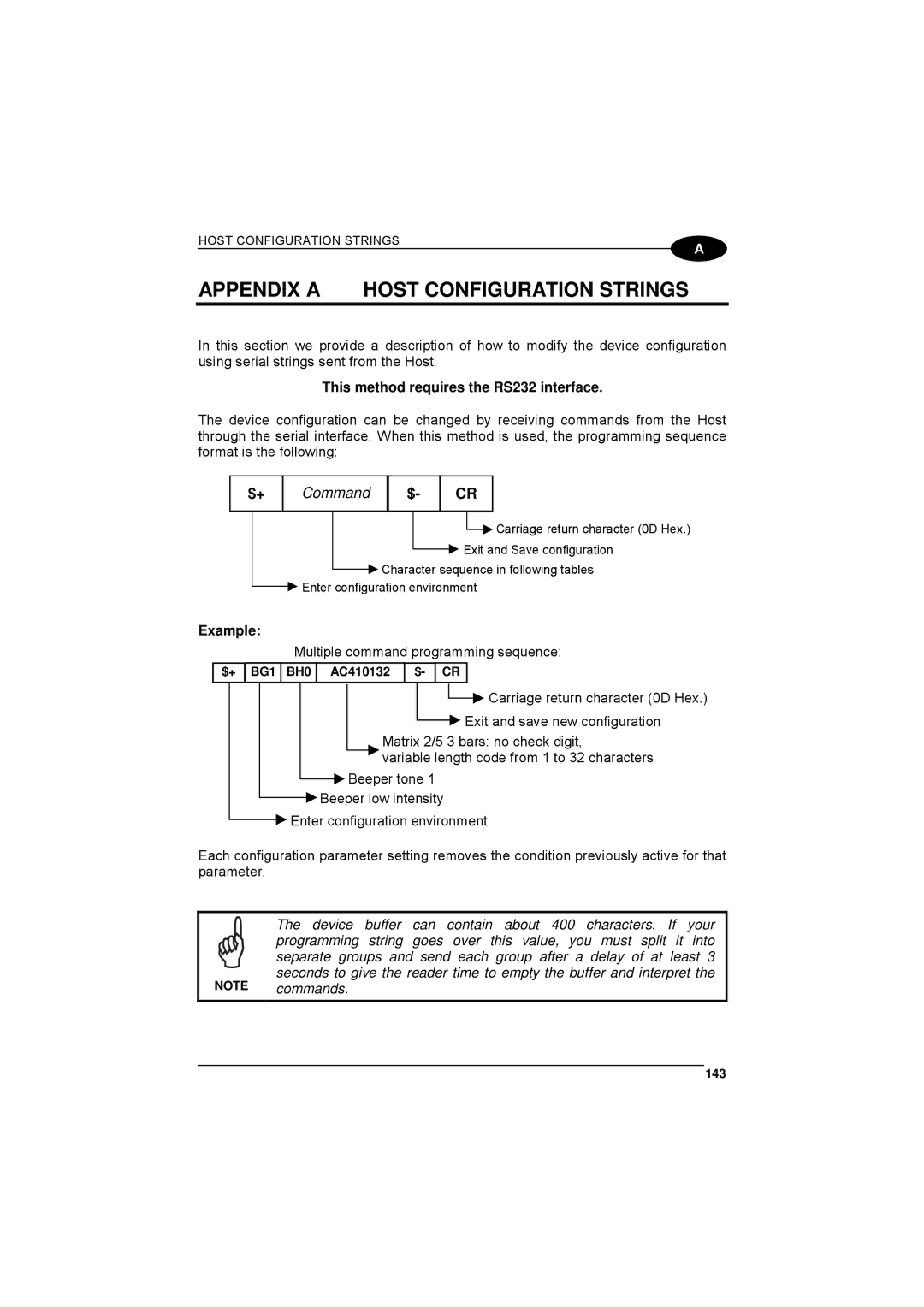 Datalogic Scanning 90ACC1780 manual This method requires the RS232 interface, $+ BG1 BH0 AC410132 $- CR, 143 