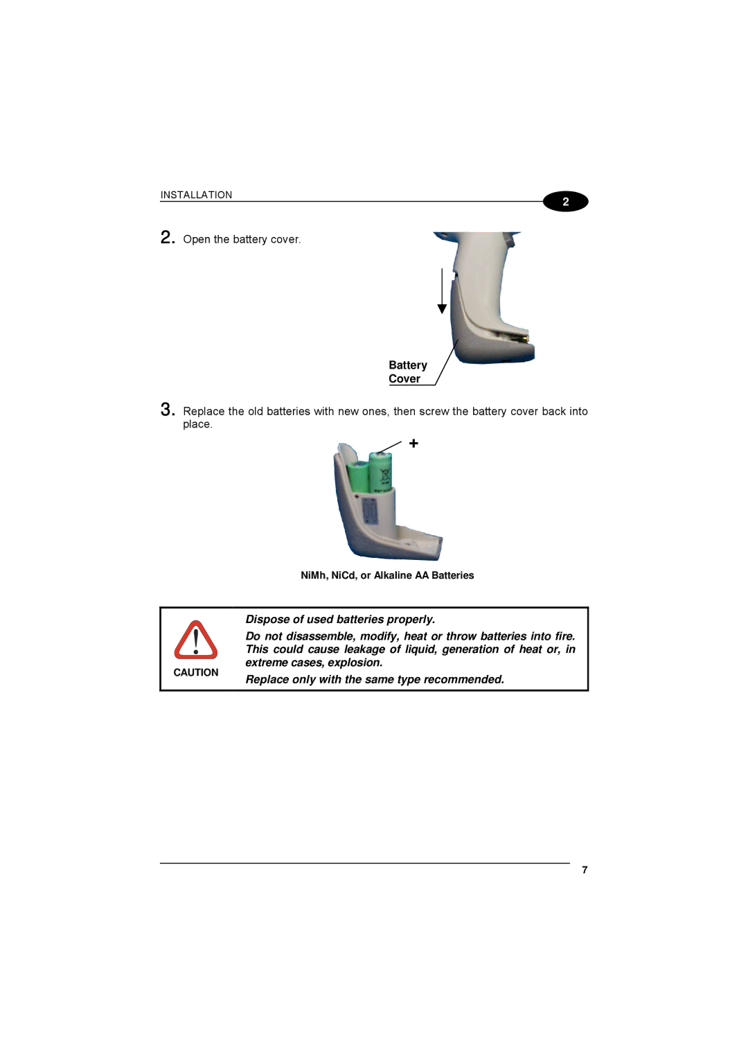 Datalogic Scanning 90ACC1780 manual Battery Cover, NiMh, NiCd, or Alkaline AA Batteries 