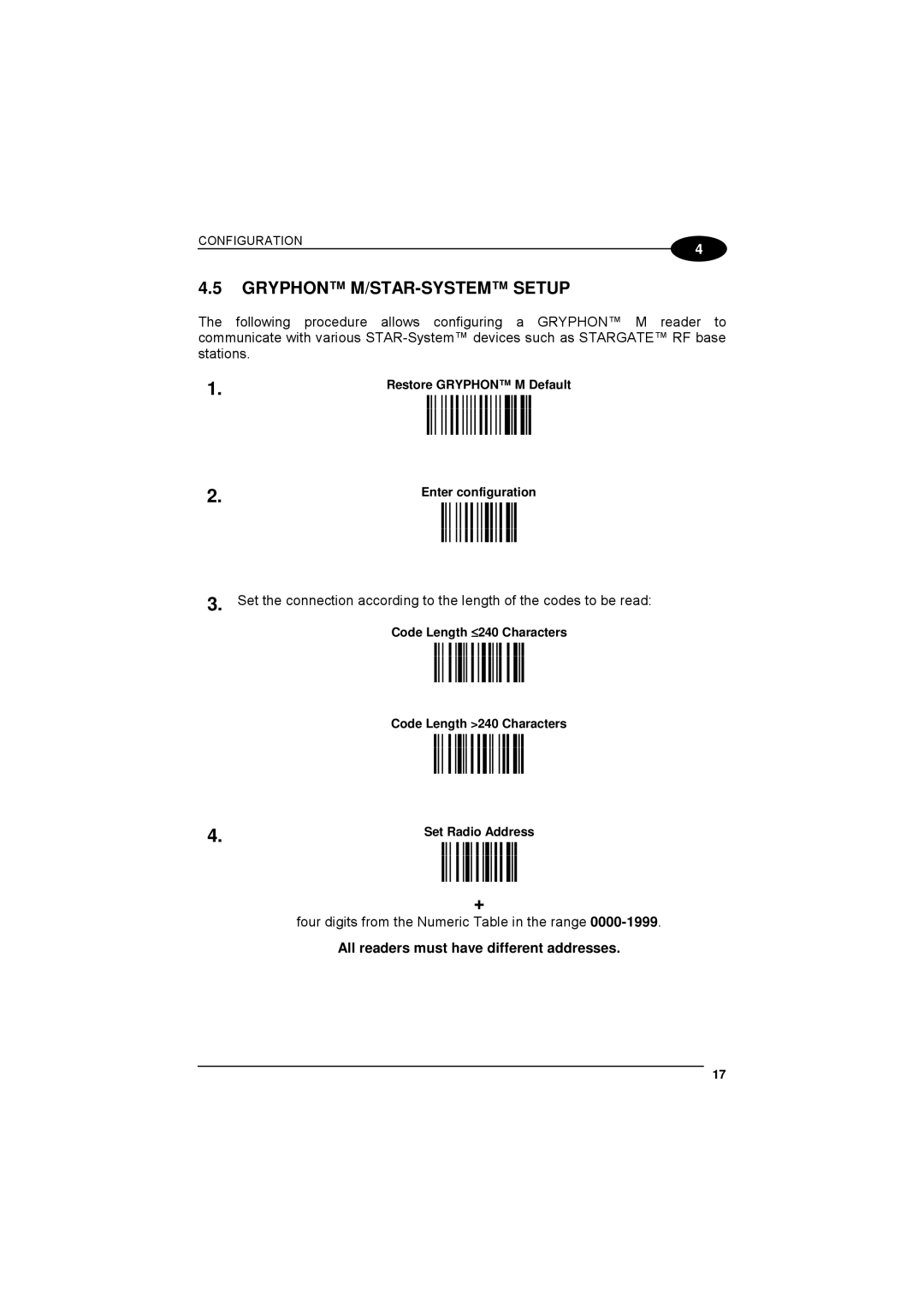 Datalogic Scanning 90ACC1780 manual Gryphon M/STAR-SYSTEM Setup, All readers must have different addresses 