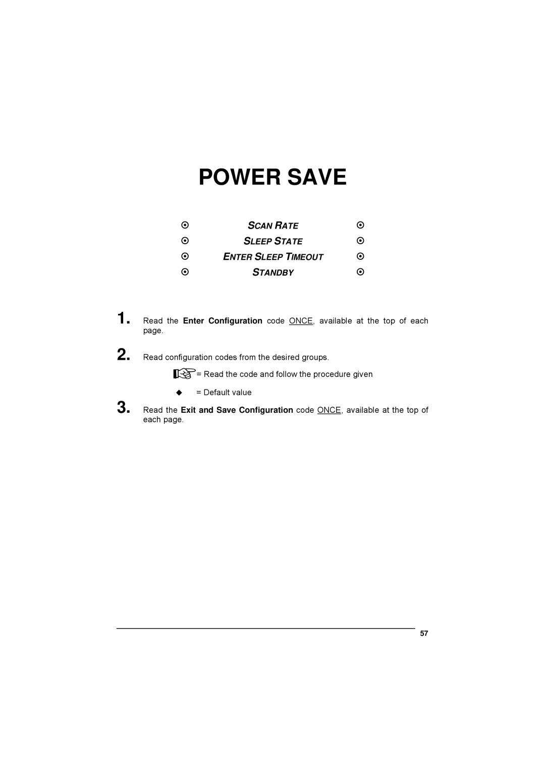 Datalogic Scanning 90ACC1780 manual Power Save, Scan Rate Sleep State Enter Sleep Timeout Standby 