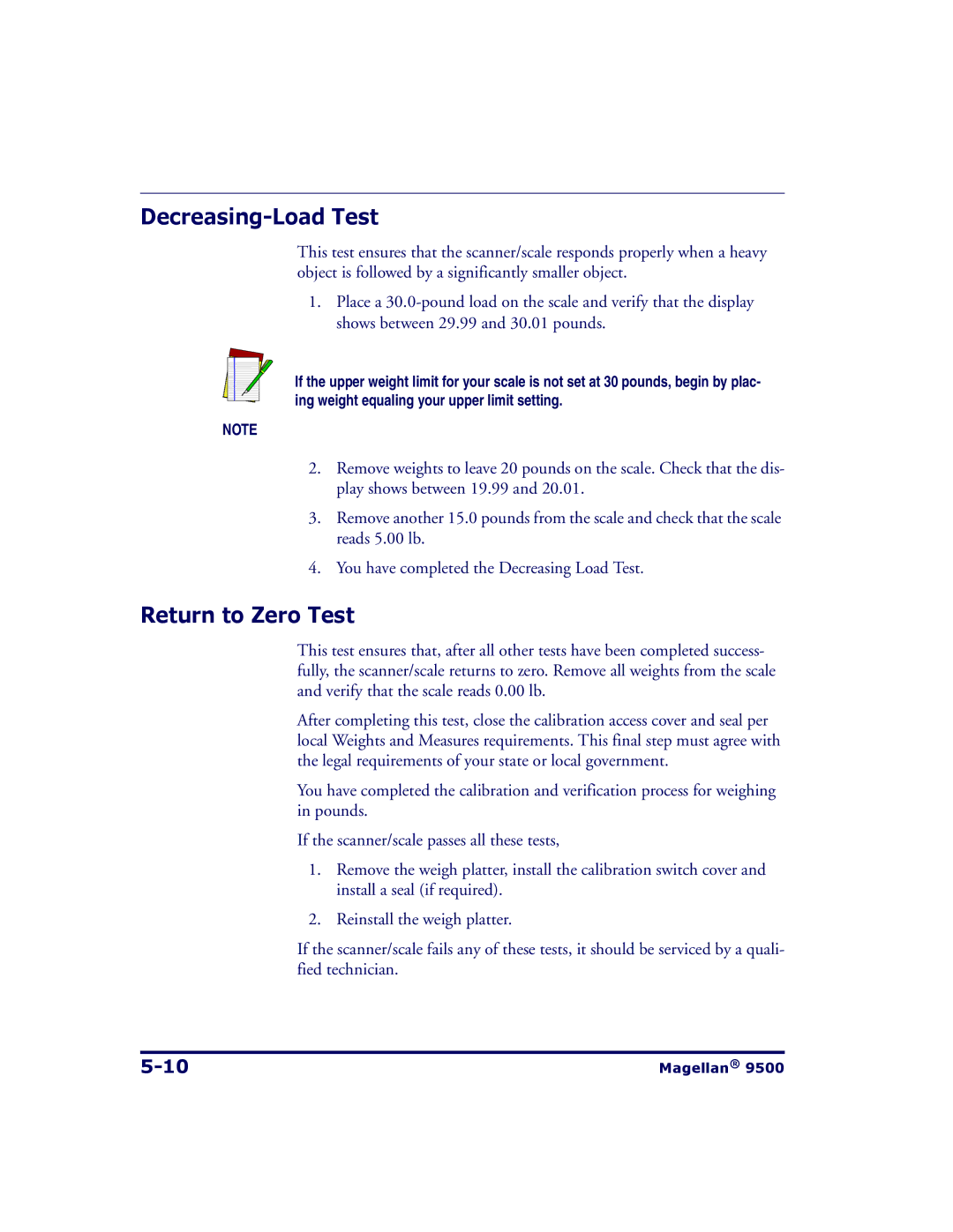 Datalogic Scanning 9504, 9500 manual Decreasing-Load Test, Return to Zero Test 