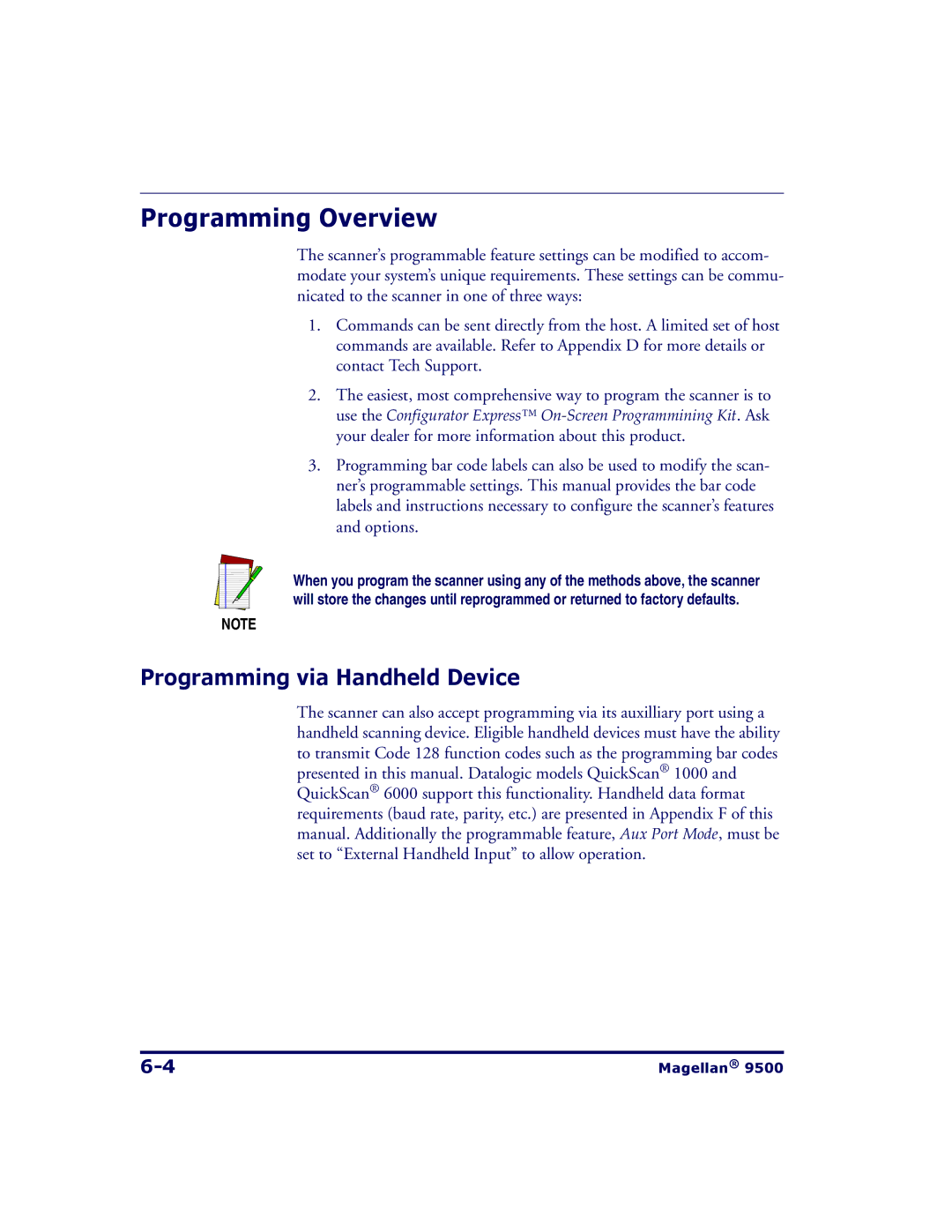 Datalogic Scanning 9504, 9500 manual Programming Overview, Programming via Handheld Device 