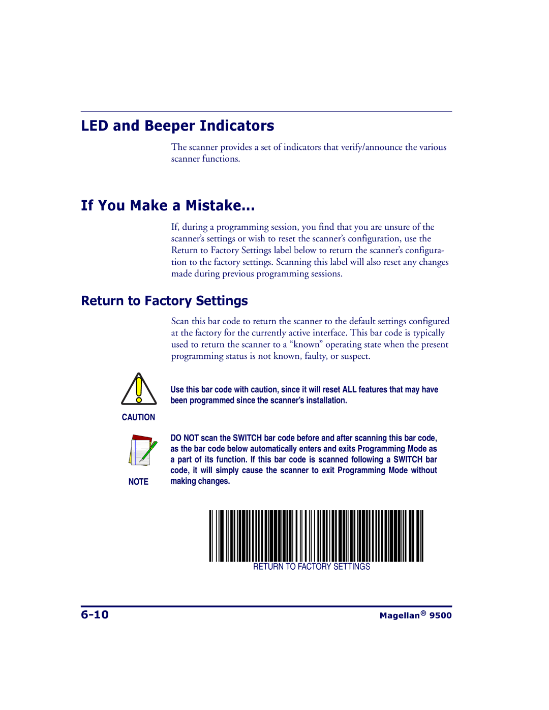 Datalogic Scanning 9504, 9500 manual LED and Beeper Indicators, If You Make a Mistake, Return to Factory Settings 