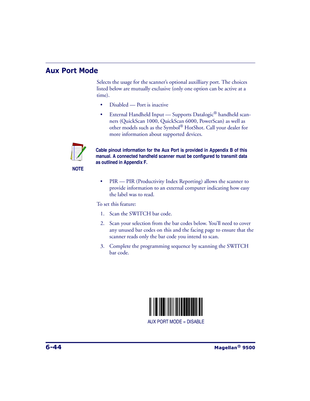 Datalogic Scanning 9504, 9500 manual Aux Port Mode 