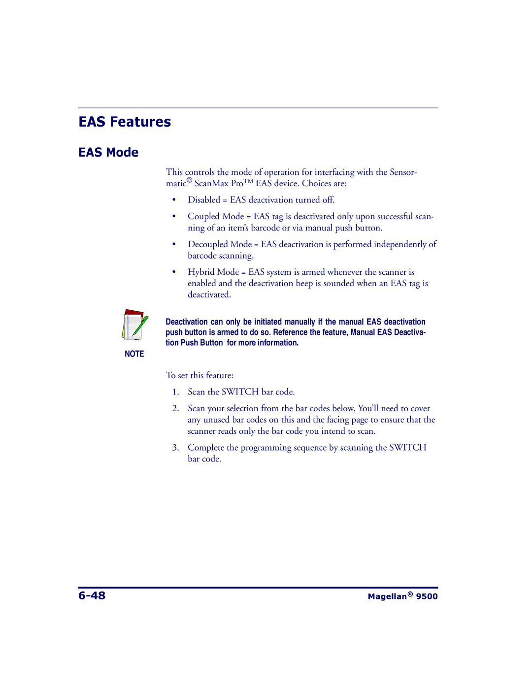 Datalogic Scanning 9504, 9500 manual EAS Features, EAS Mode 