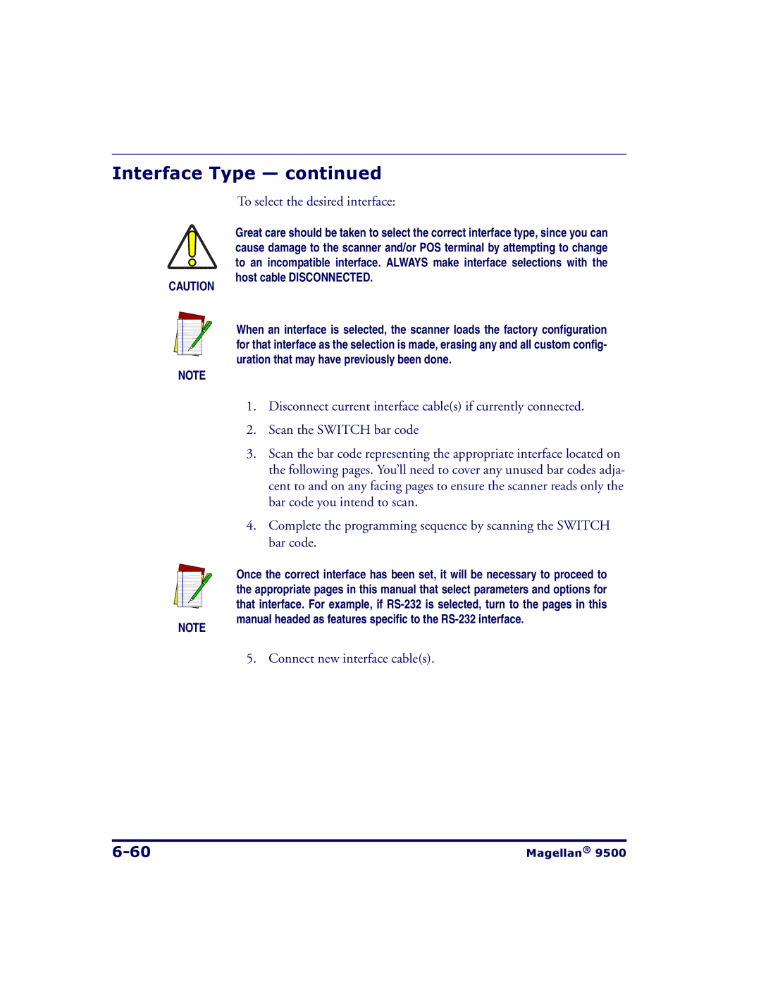 Datalogic Scanning 9504, 9500 manual To select the desired interface, Connect new interface cables 