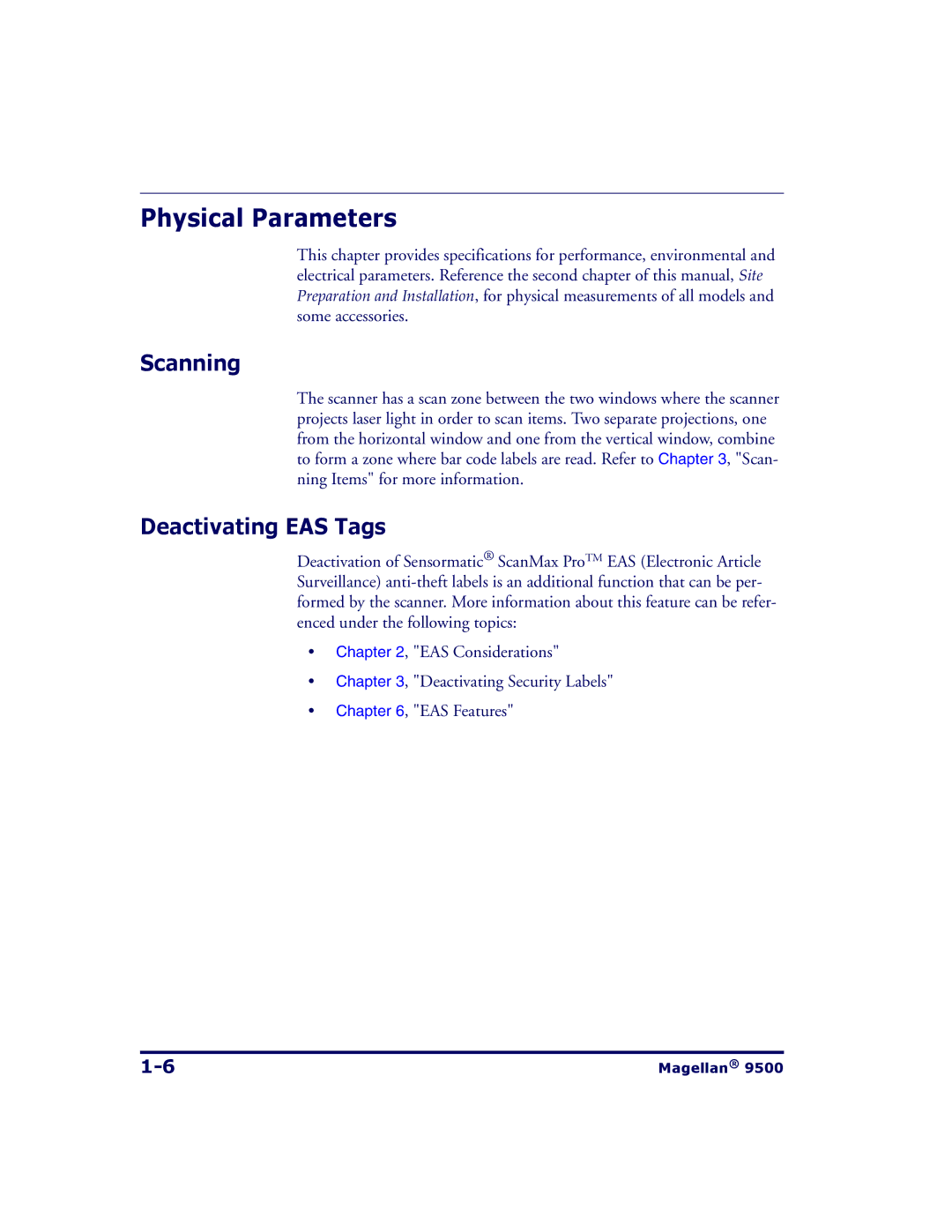 Datalogic Scanning 9504, 9500 manual Physical Parameters, Scanning, Deactivating EAS Tags 