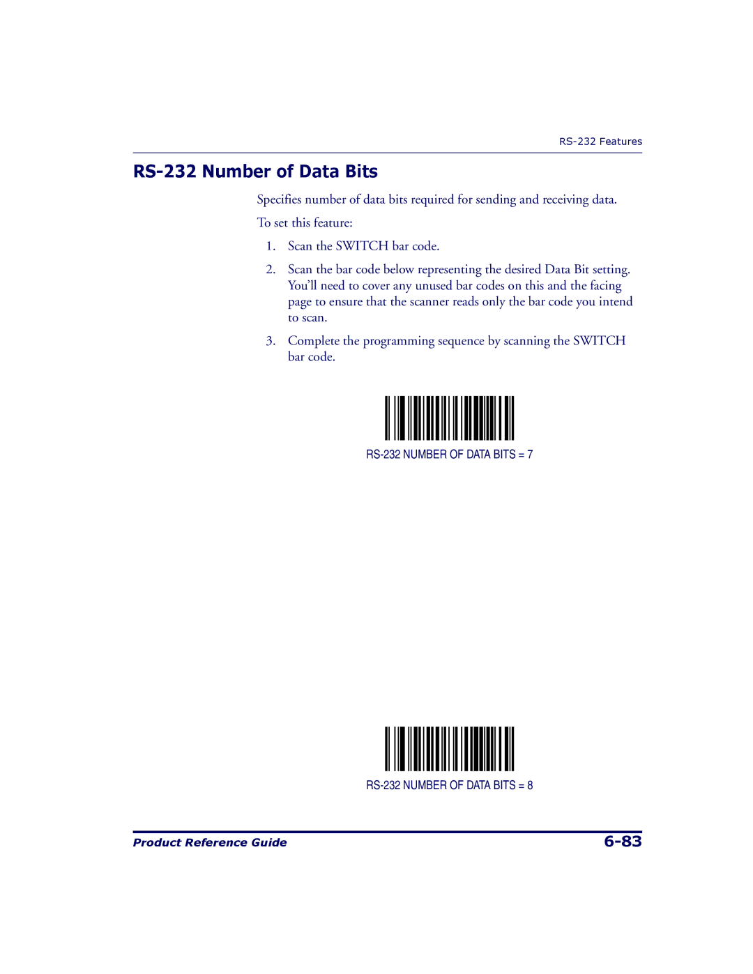 Datalogic Scanning 9500, 9504 manual RS-232 Number of Data Bits 