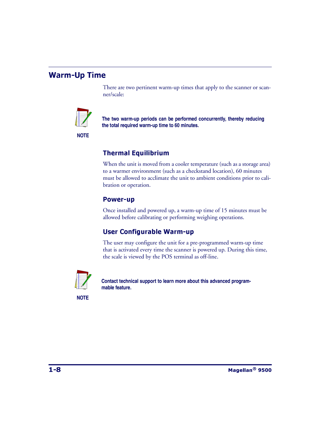 Datalogic Scanning 9504, 9500 manual Warm-Up Time, Thermal Equilibrium, Power-up, User Configurable Warm-up 