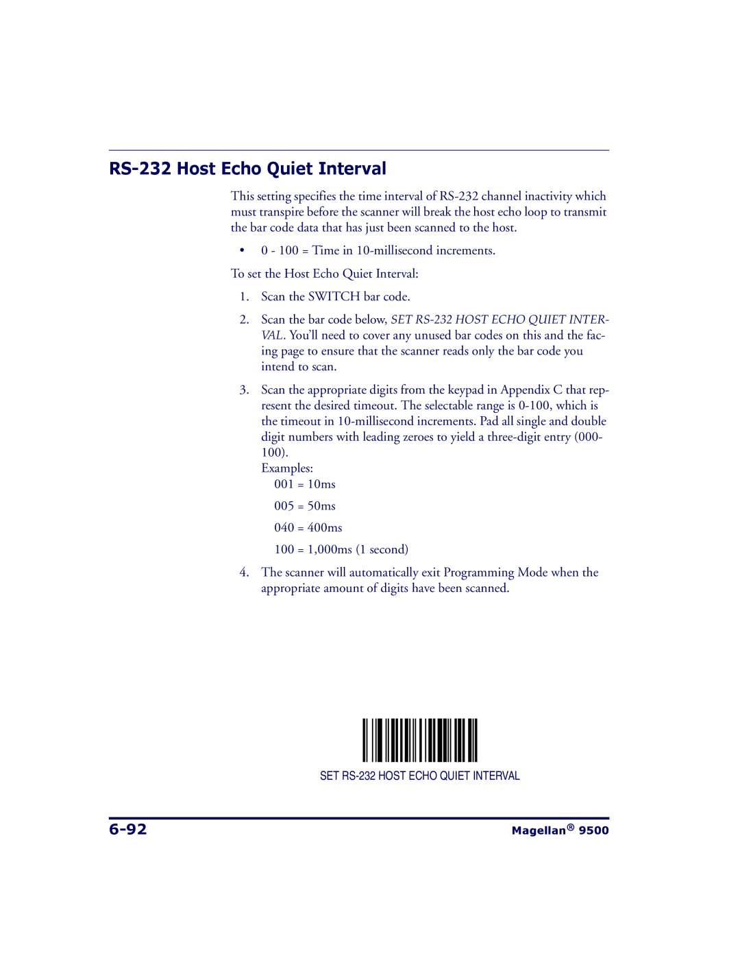 Datalogic Scanning 9504, 9500 manual RS-232 Host Echo Quiet Interval 