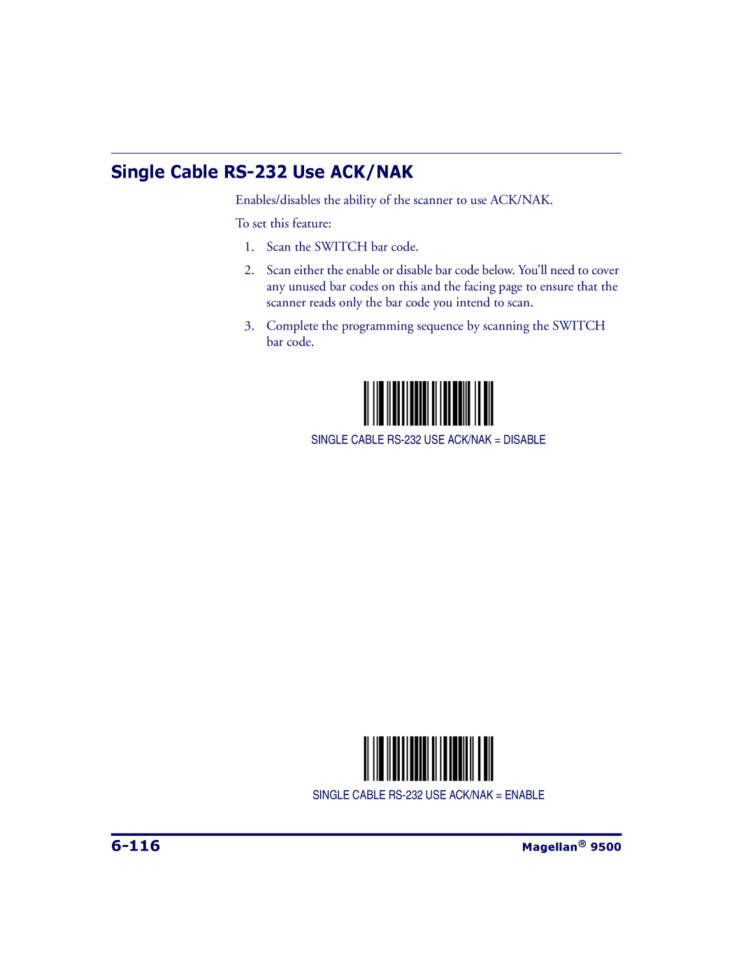 Datalogic Scanning 9504, 9500 manual Single Cable RS-232 Use ACK/NAK, 116 