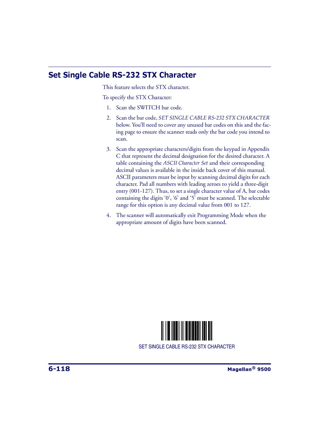 Datalogic Scanning 9504, 9500 manual Set Single Cable RS-232 STX Character, 118 