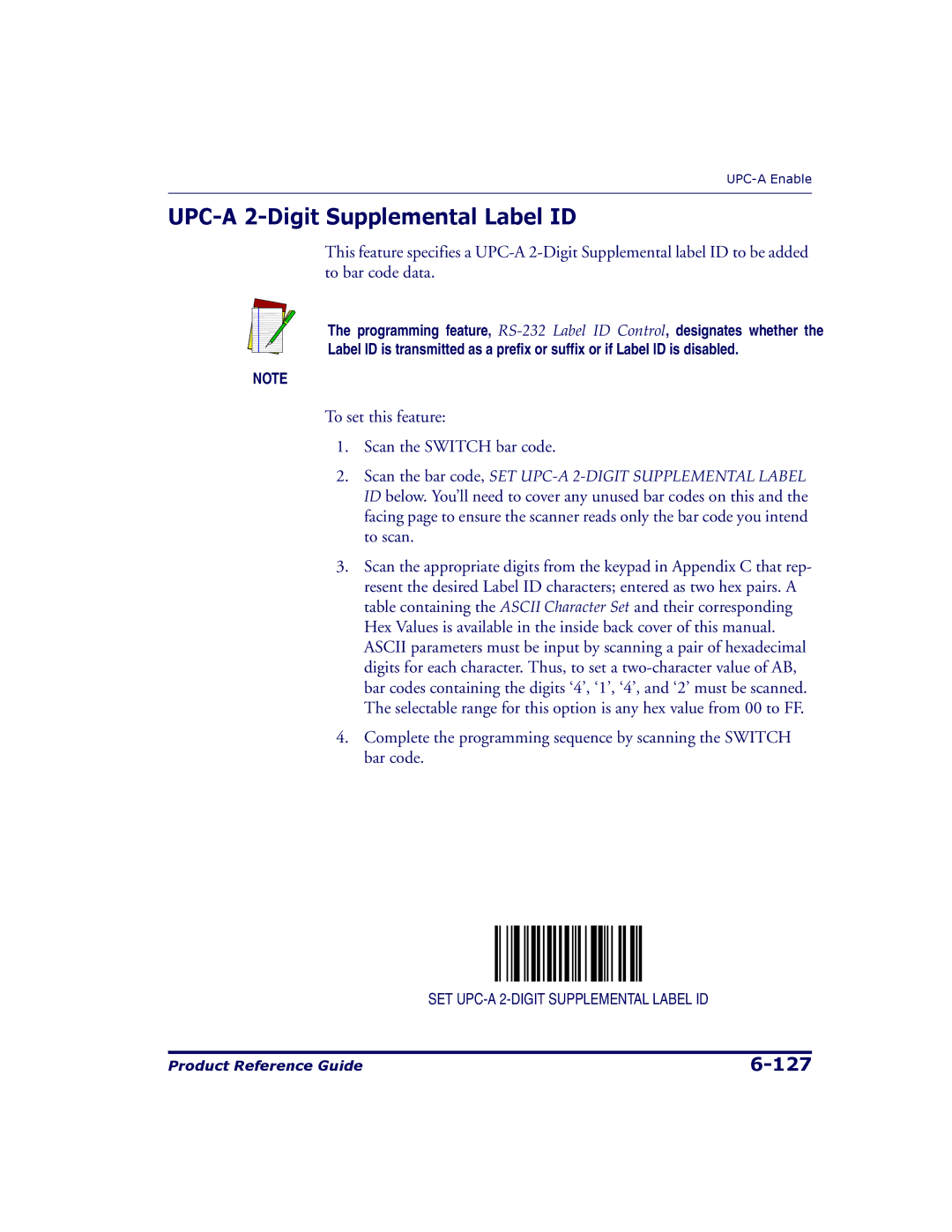 Datalogic Scanning 9500, 9504 manual UPC-A 2-Digit Supplemental Label ID, To set this feature Scan the Switch bar code 