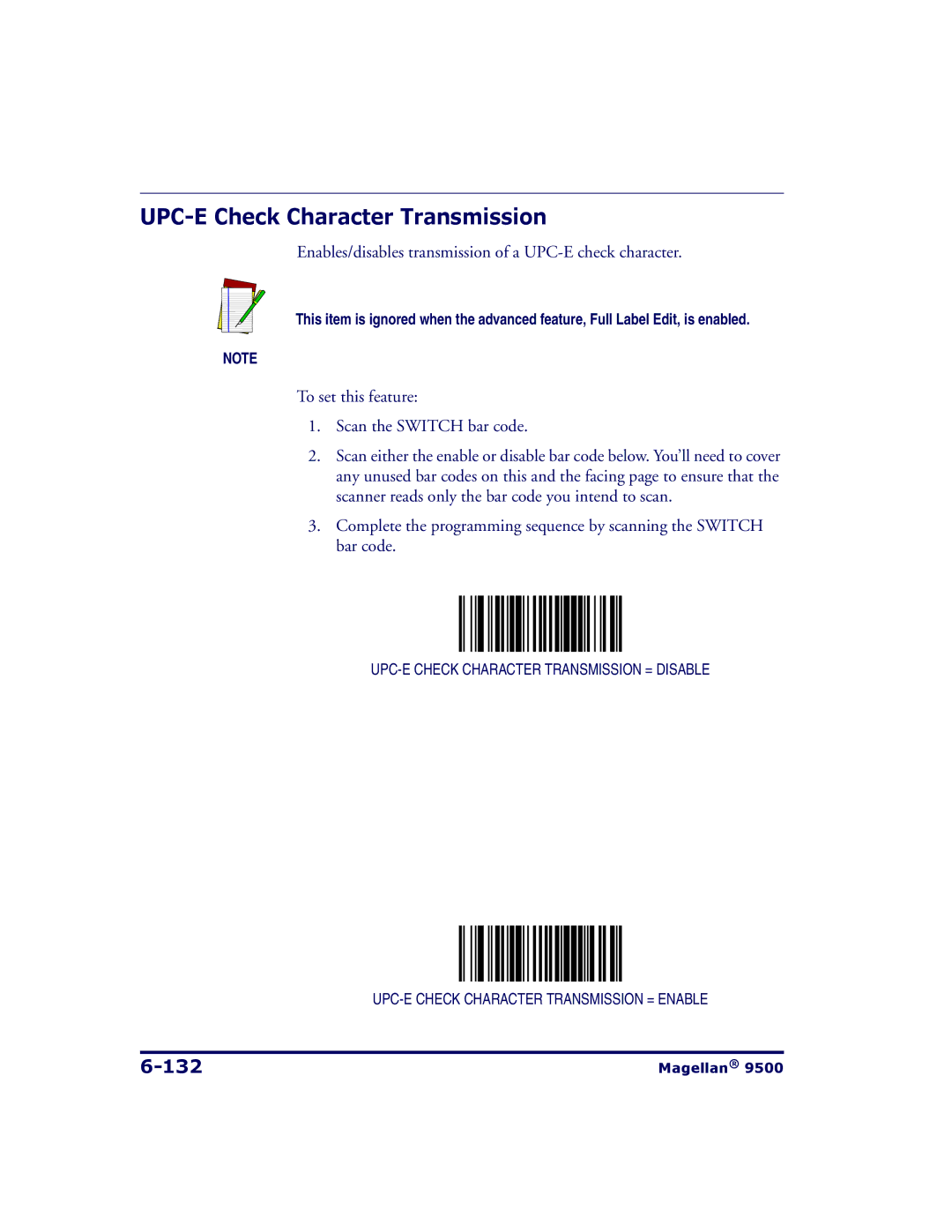 Datalogic Scanning 9504 UPC-E Check Character Transmission, 132, Enables/disables transmission of a UPC-E check character 