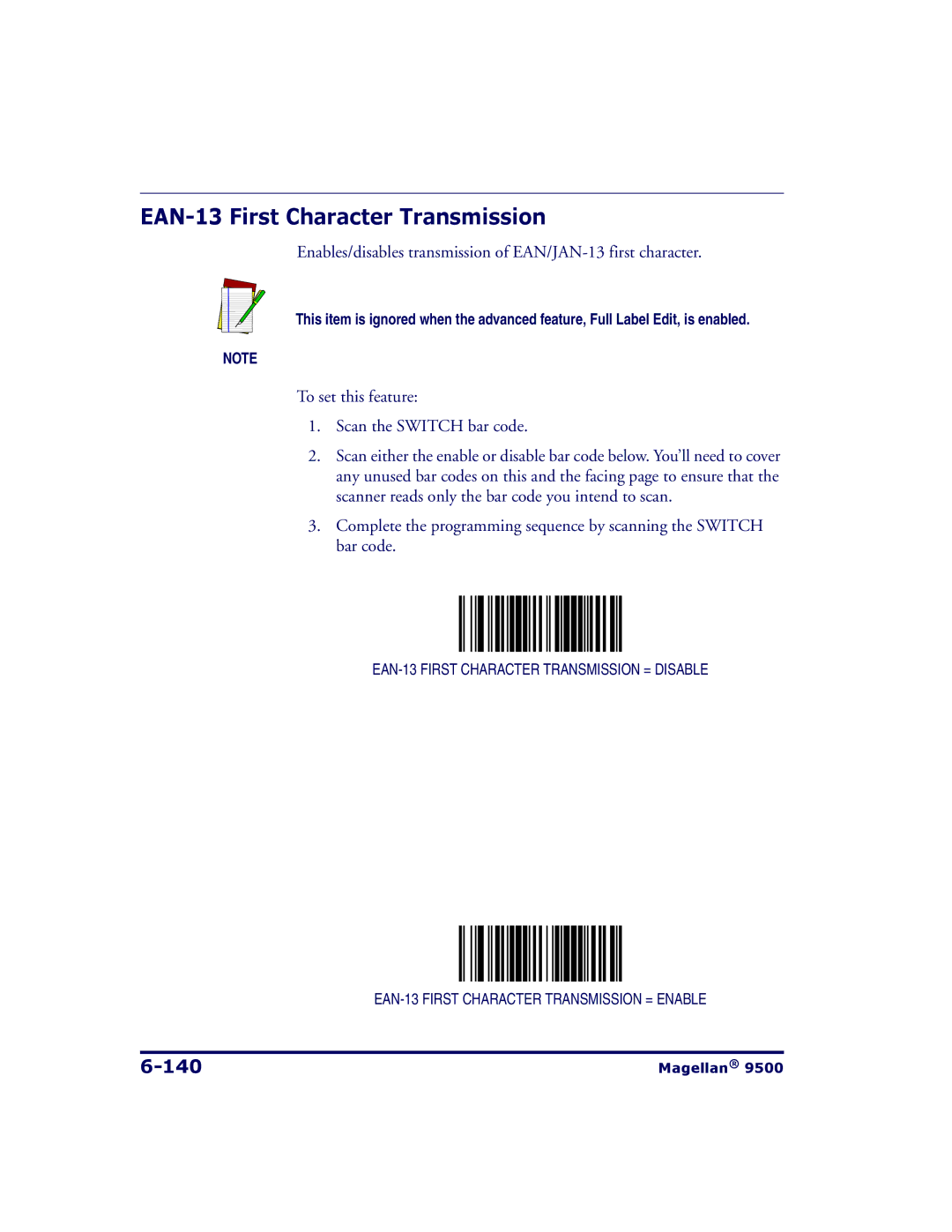 Datalogic Scanning 9504, 9500 manual EAN-13 First Character Transmission, 140 