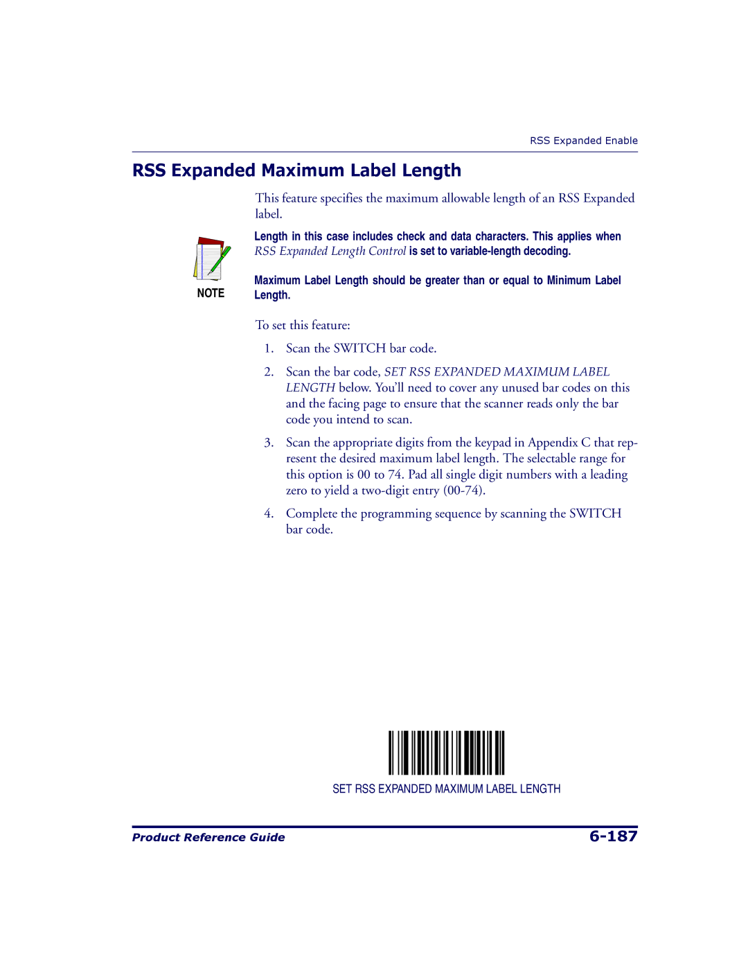 Datalogic Scanning 9500, 9504 manual RSS Expanded Maximum Label Length 