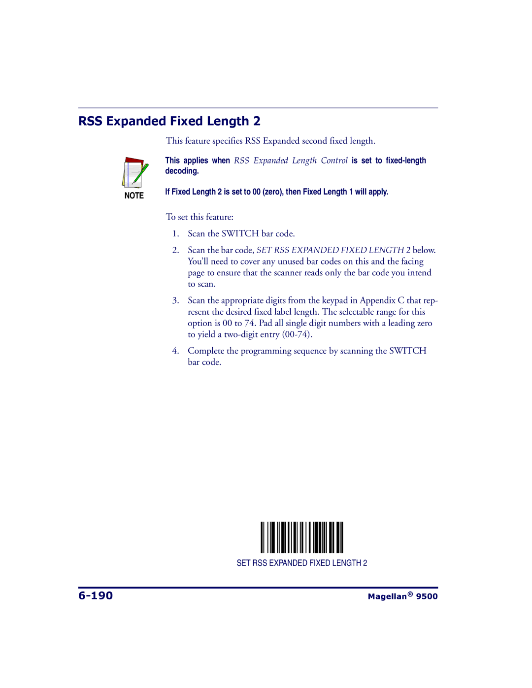 Datalogic Scanning 9504, 9500 manual 190, This feature specifies RSS Expanded second fixed length 